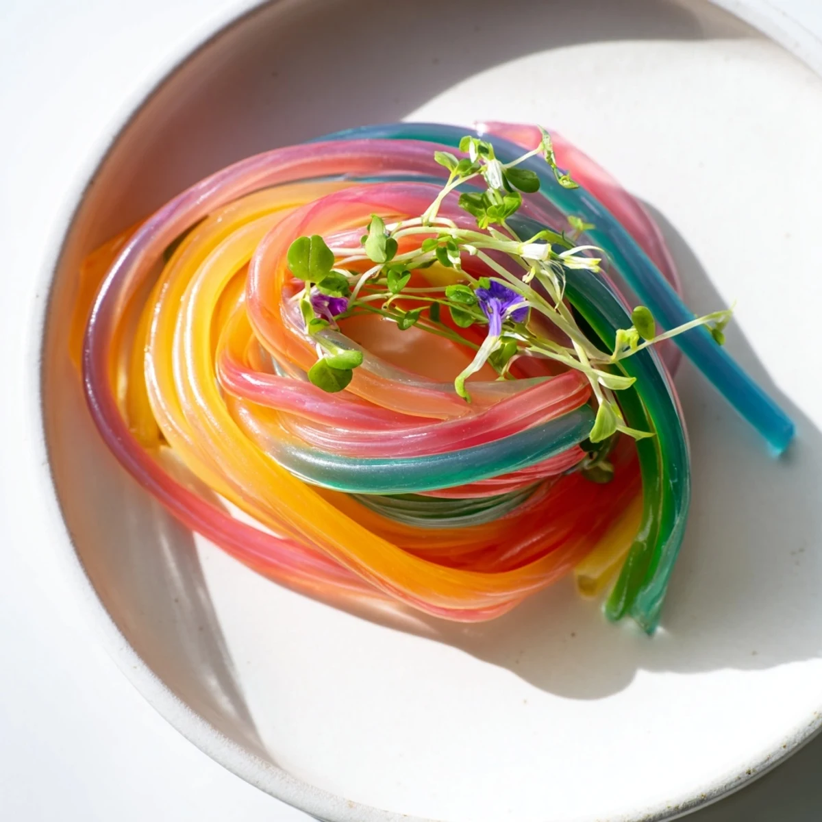 Vibrant Neon Noodle Clouds, colorful agar-agar noodles swirl in a savory dipping sauce, ready to eat.