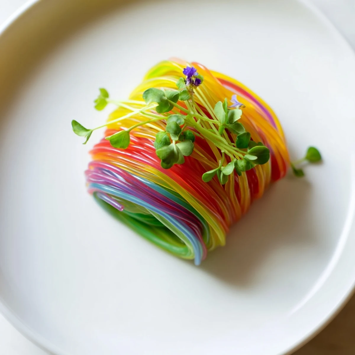 Colorful agar-agar Neon Noodle Clouds, a playful vegan dish bursting with flavor, perfect for a gathering.