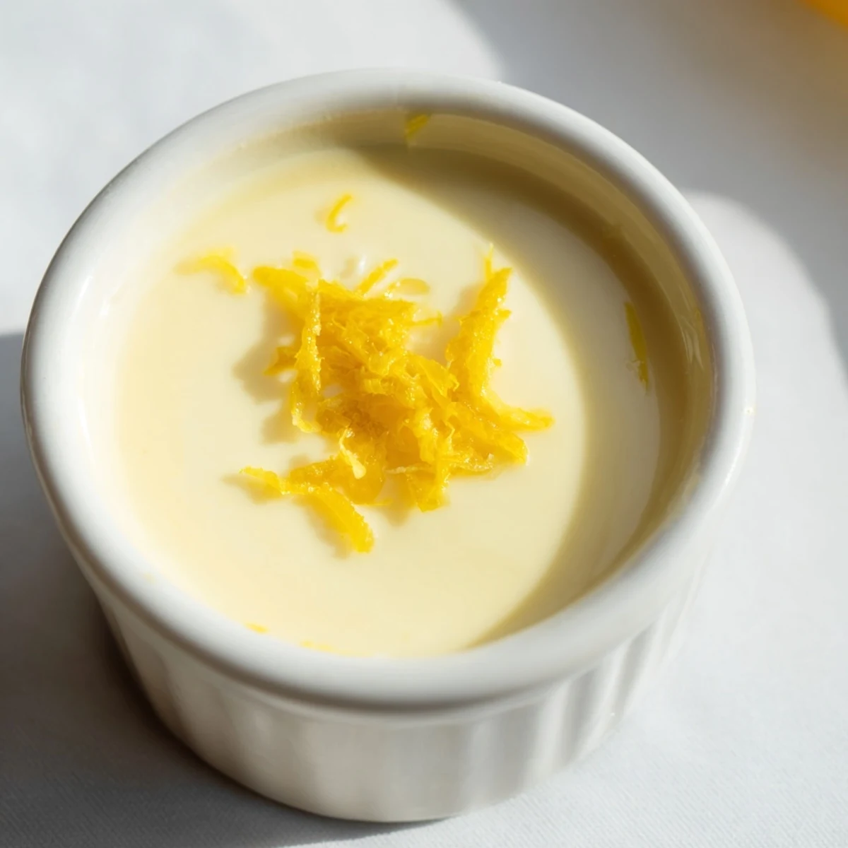 A close-up of a creamy 3-Ingredient Lemon Posset, ready to be served in elegant glass ramekins.