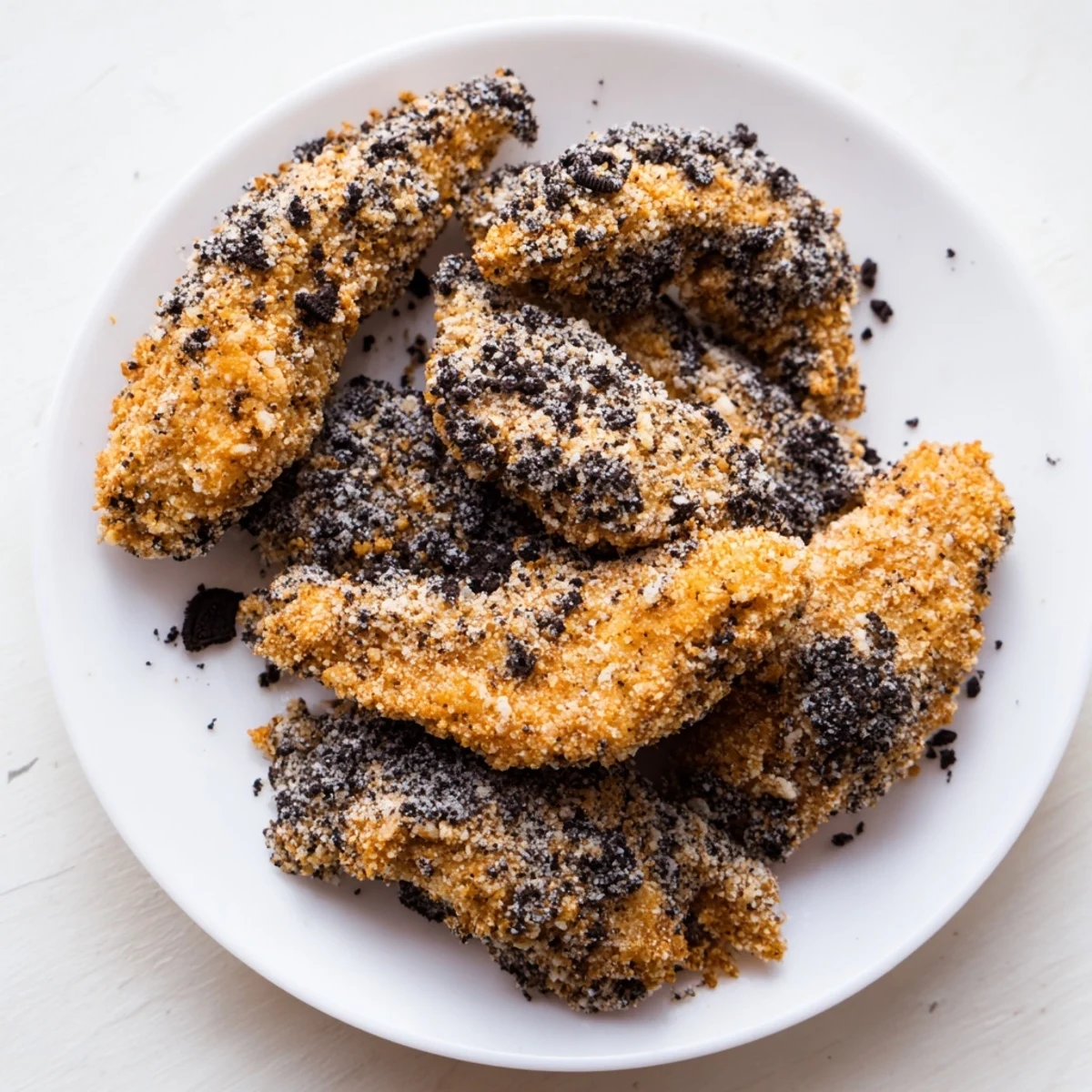 Close-up of freshly fried DIY KFC Oreo Krusher-inspired chicken tenders, looking juicy and coated with Oreo crumbs.