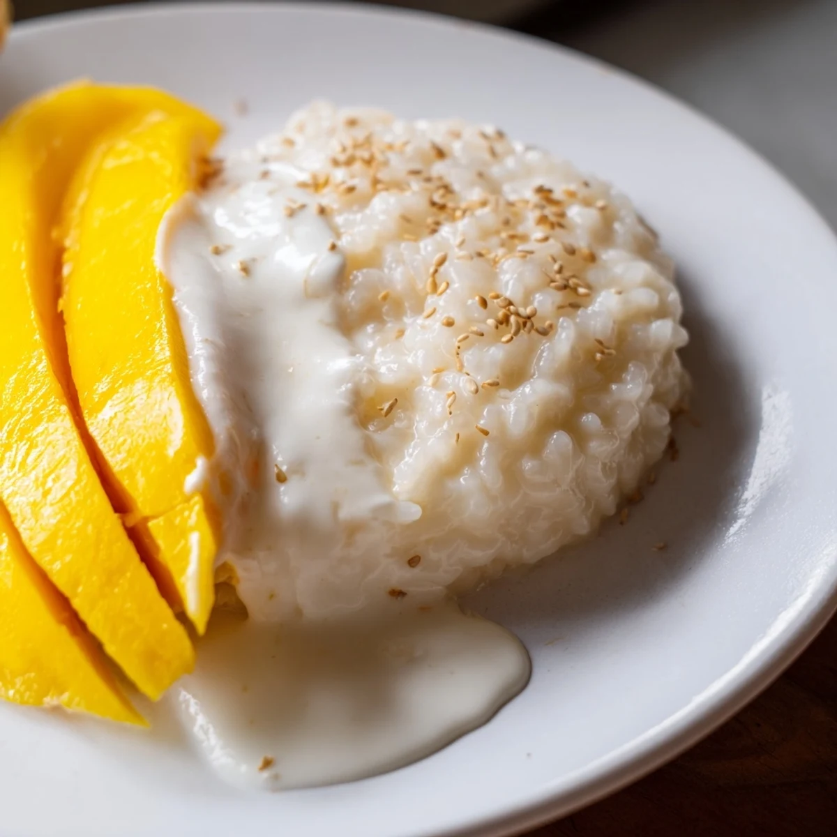 A close-up of a bowl filled with fragrant Thai Mango Sticky Rice, topped with sesame seeds.
