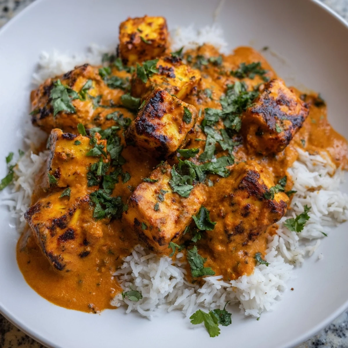 Golden paneer tikka masala simmering in a creamy, spiced tomato sauce next to fluffy rice.