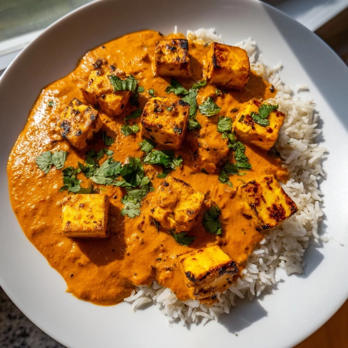A vibrant dish of paneer tikka masala, with grilled cheese and peppers in a rich sauce.