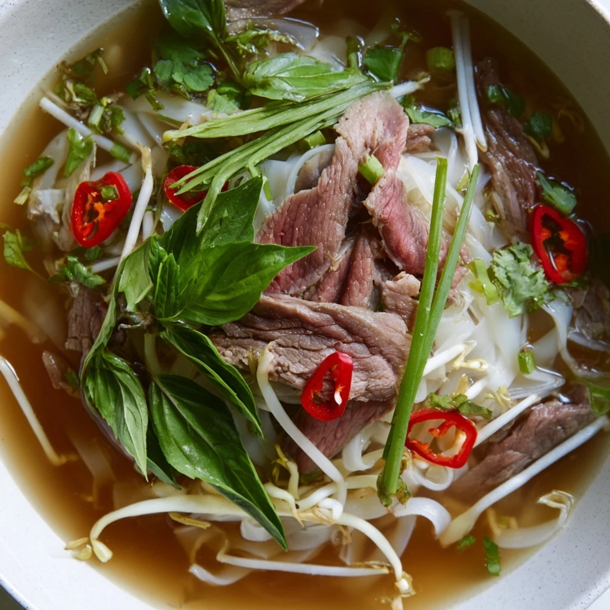 Aromatic bowl of Vietnamese Pho Express with rice noodles, thinly sliced beef, and colorful toppings, perfect for dinner.