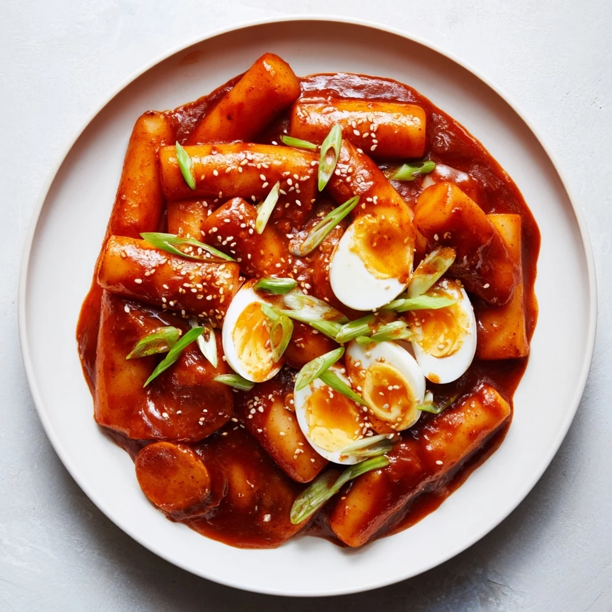 Steaming bowl of spicy Korean Tteokbokki with soft boiled eggs and sesame seeds scattered on top.