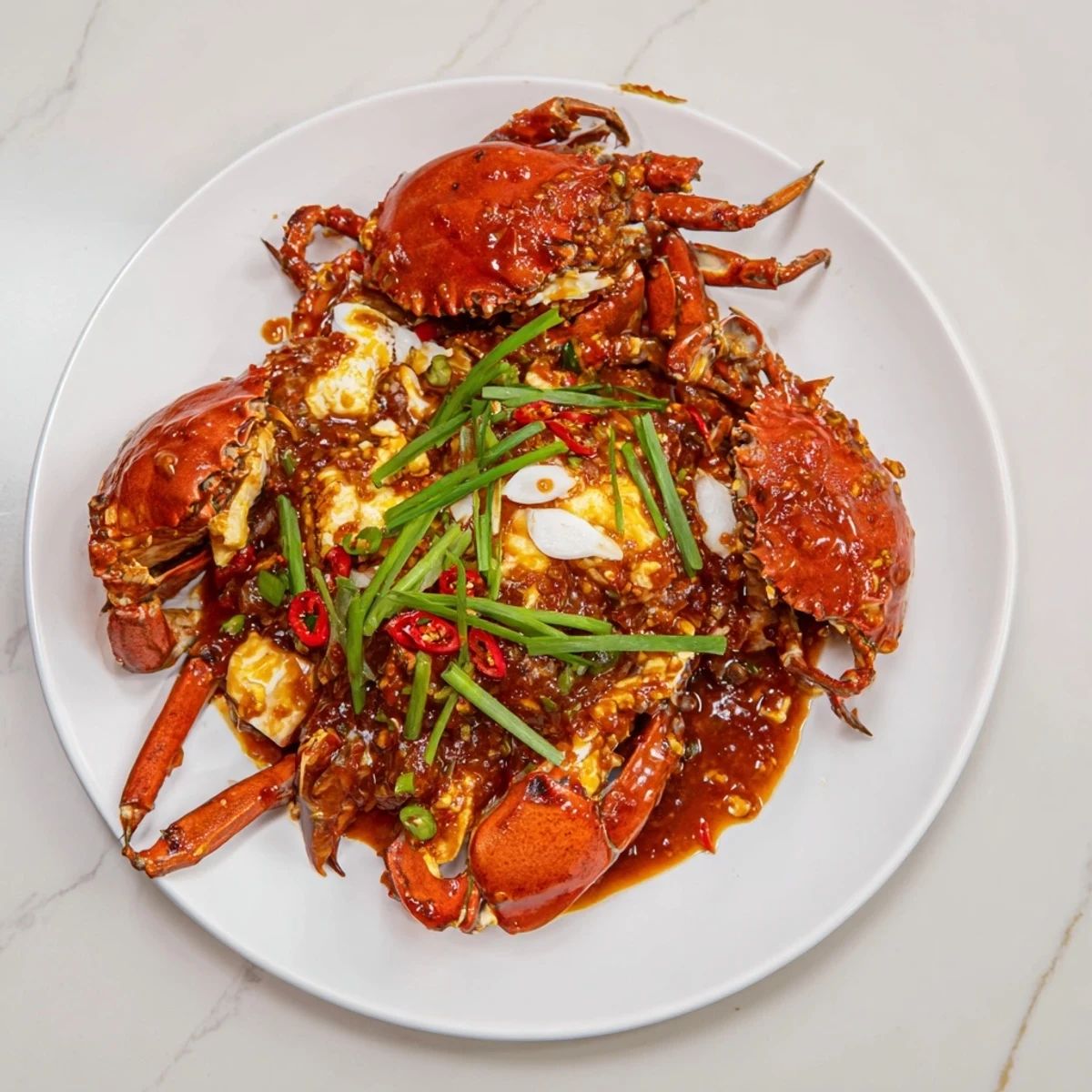 Steaming Singaporean Chili Crab in a rich, vibrant sauce, ready to be served and enjoyed.