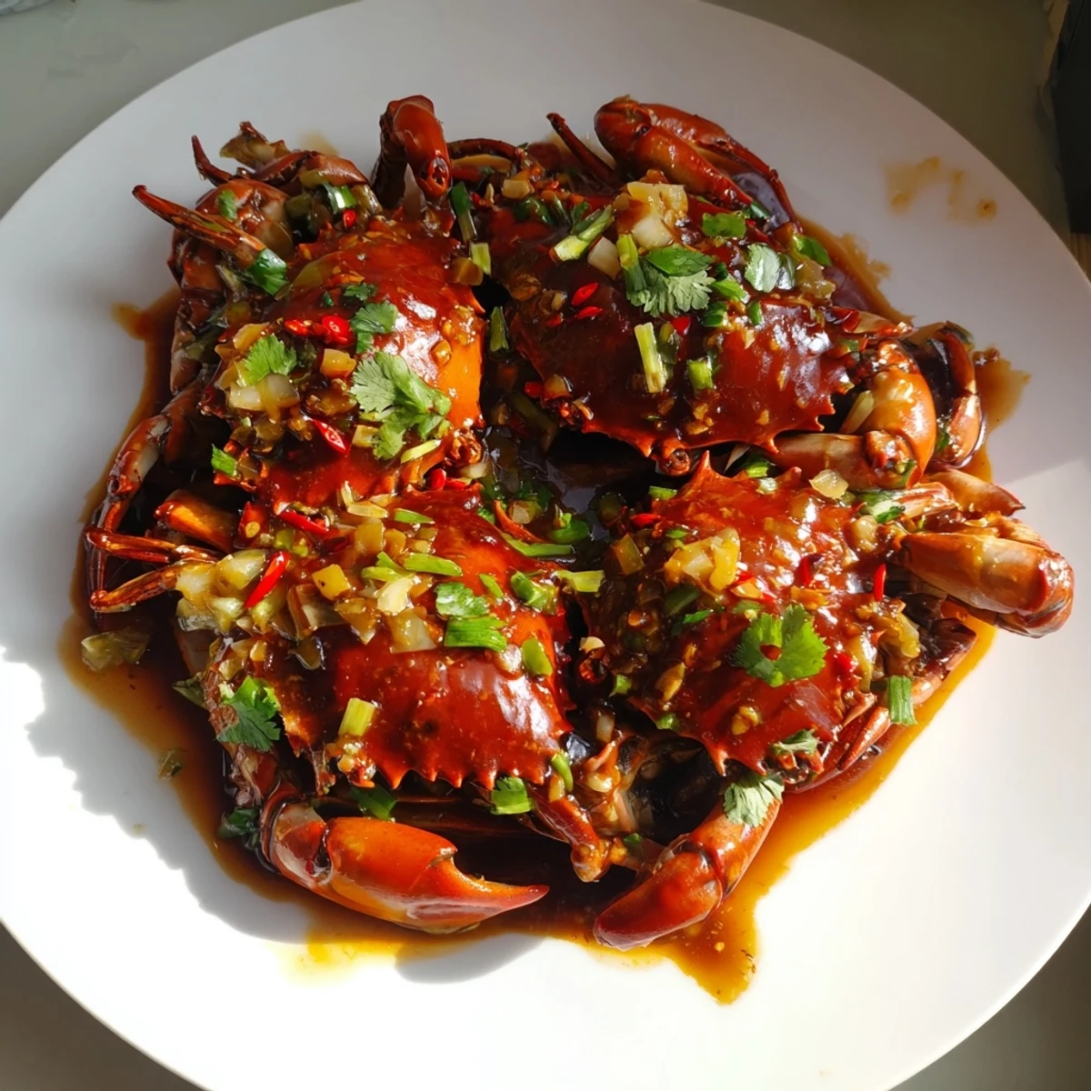 Bright red Singaporean Chili Crab, perfectly cooked and glistening, a flavorful seafood delight.