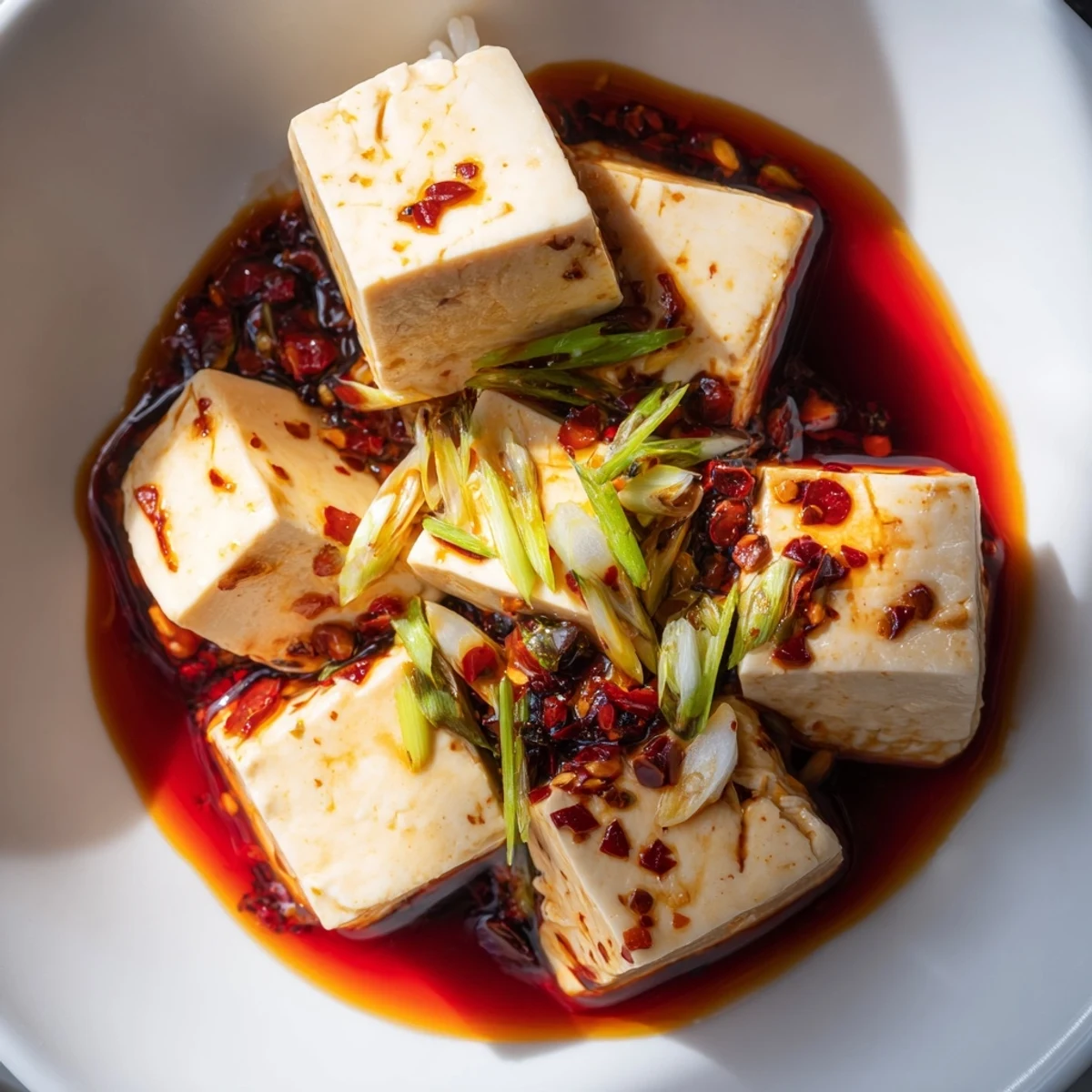 Steaming hot Chinese Mapo Tofu with soft tofu cubes, savory sauce, and a sprinkle of greens.