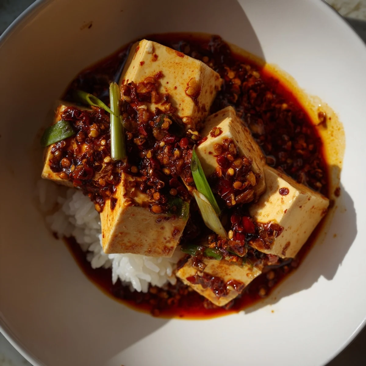 A close-up of delicious Chinese Mapo Tofu, showcasing the spicy, red sauce over soft tofu on rice.