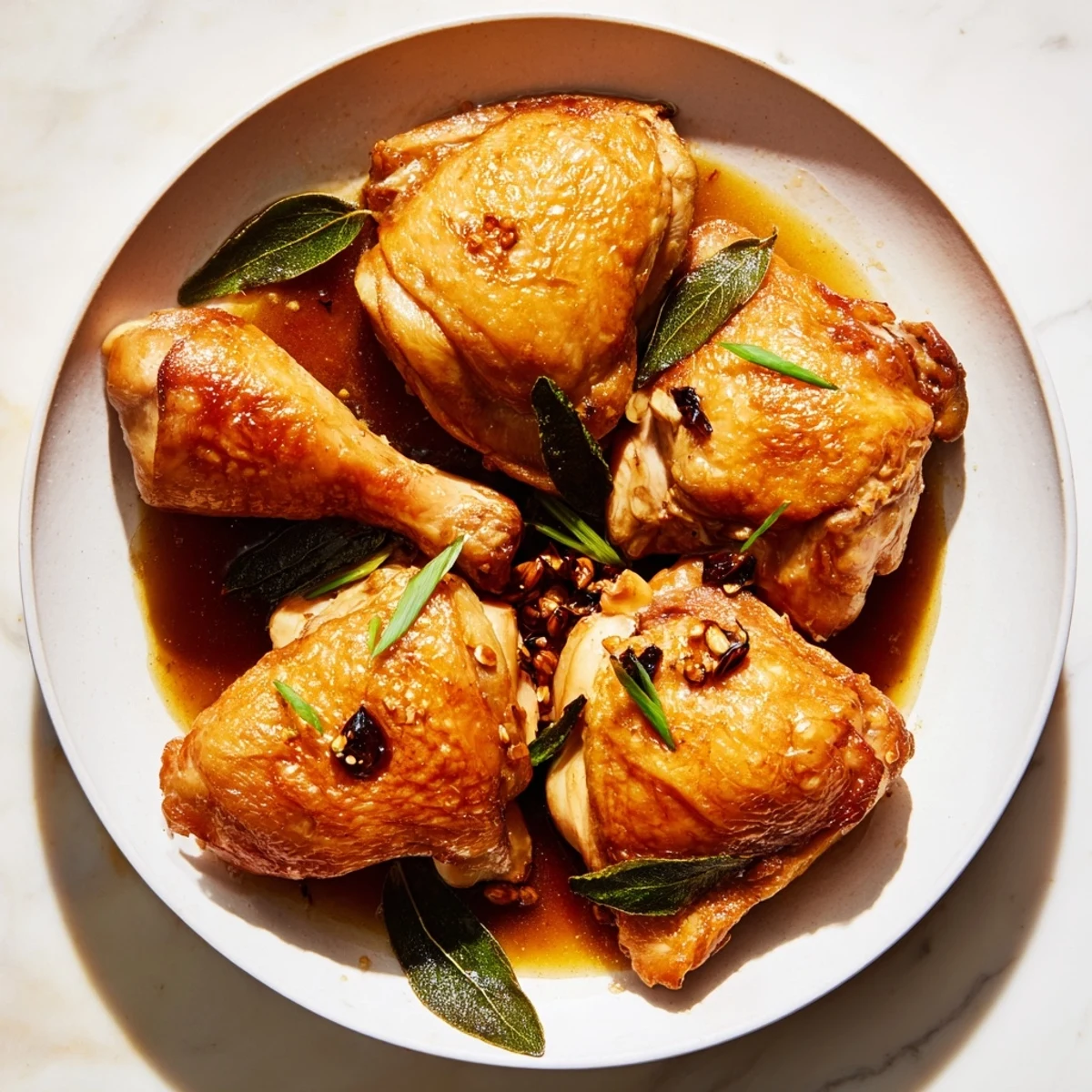 A close-up of savory Filipino Chicken Adobo, braised in a rich vinegar-soy sauce mixture.