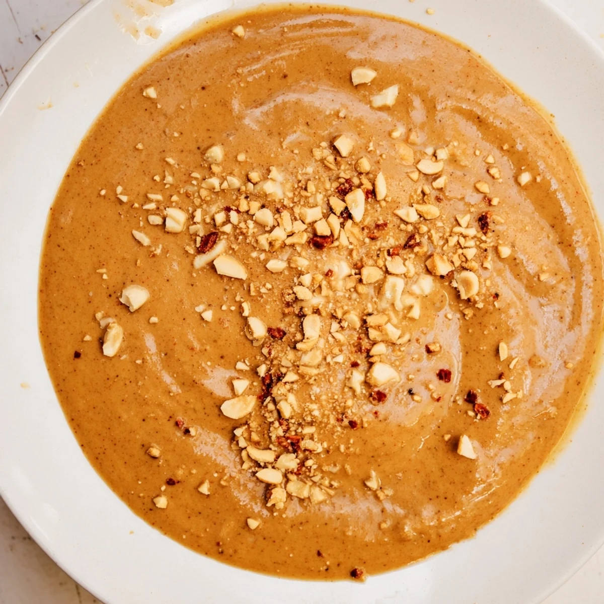 Creamy Indonesian satay sauce glistening; a luscious peanut, coconut milk, and spice blend, ready to drizzle.