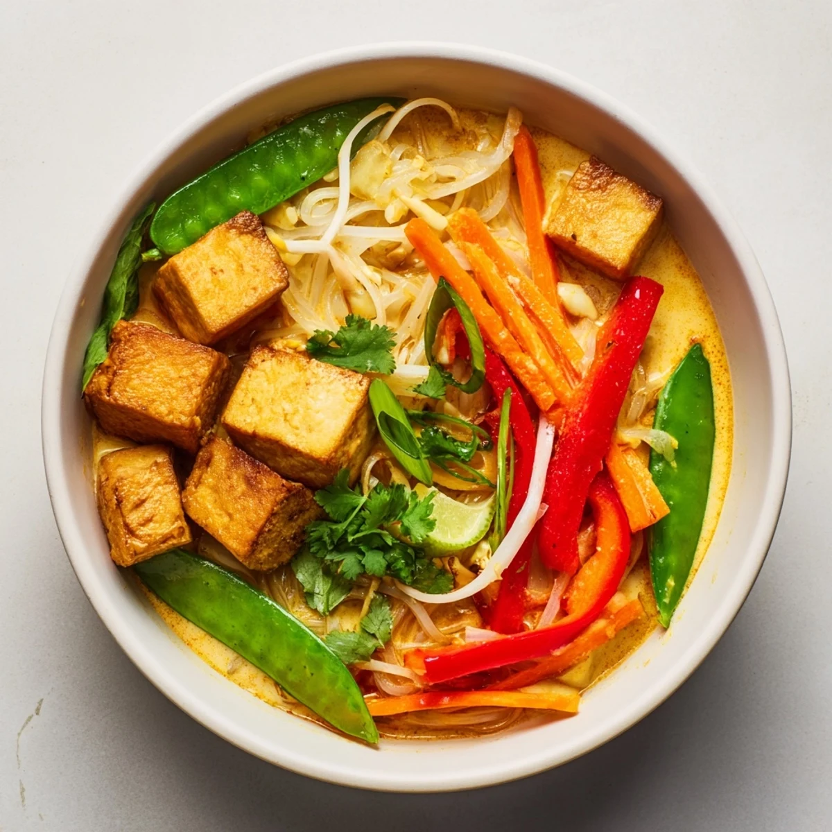 A hearty bowl of Malaysian Laksa Curry: Imagine colorful vegetables floating in fragrant, spiced coconut milk.
