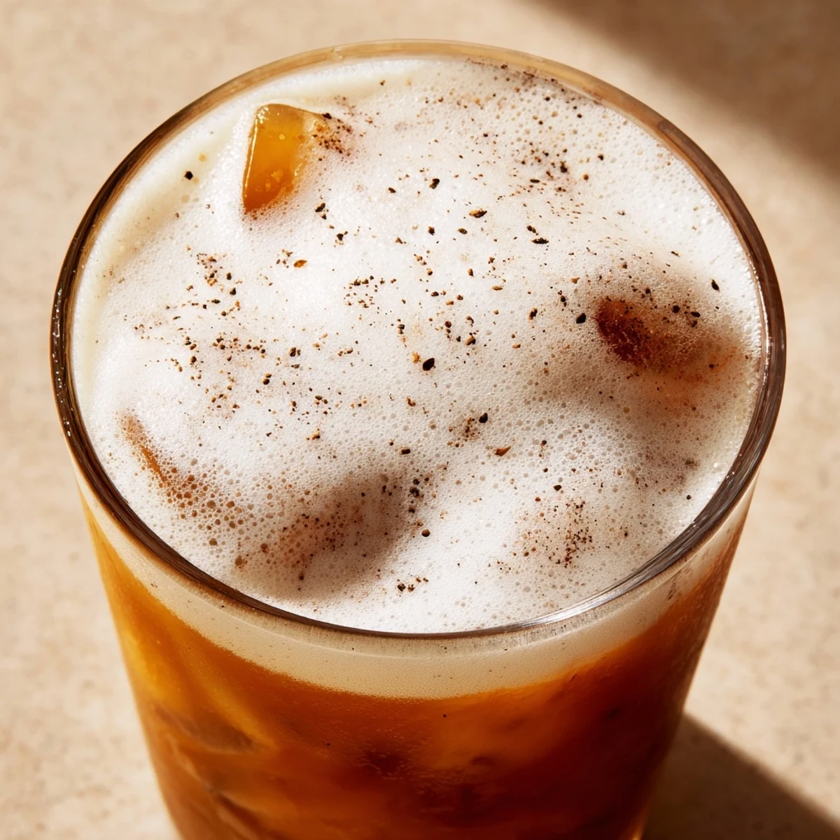 A close-up of iced chai tea layered with a creamy cold foam topping and a dusting of cinnamon in a clear glass.  