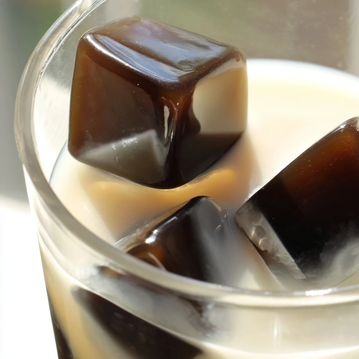 Bouncy coffee jelly cubes float in a creamy milk blend over ice in this refreshing drink.  