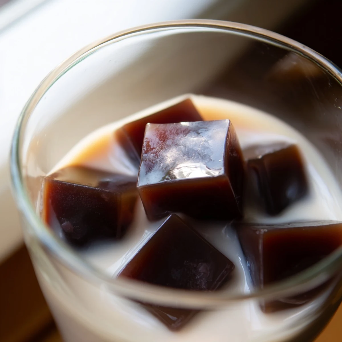 Coffee jelly cubes clink against ice in a tall glass of sweet, creamy milk.