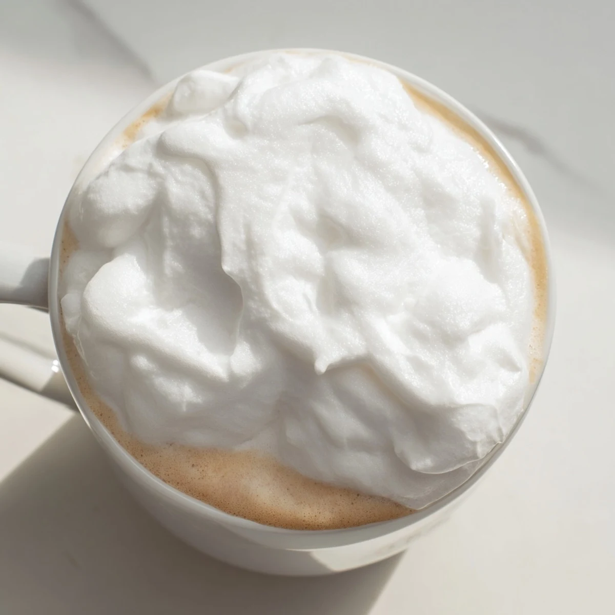 Creamy Whipped Lavender Latte topped with fluffy foam and edible lavender buds in a white mug.  
