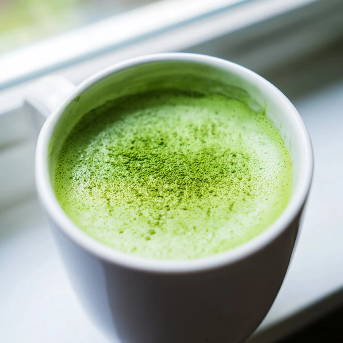A vibrant Matcha Green Tea Latte in a clear glass mug, showcasing creamy layers of steamed milk and frothy green tea topped with a delicate foam swirl.