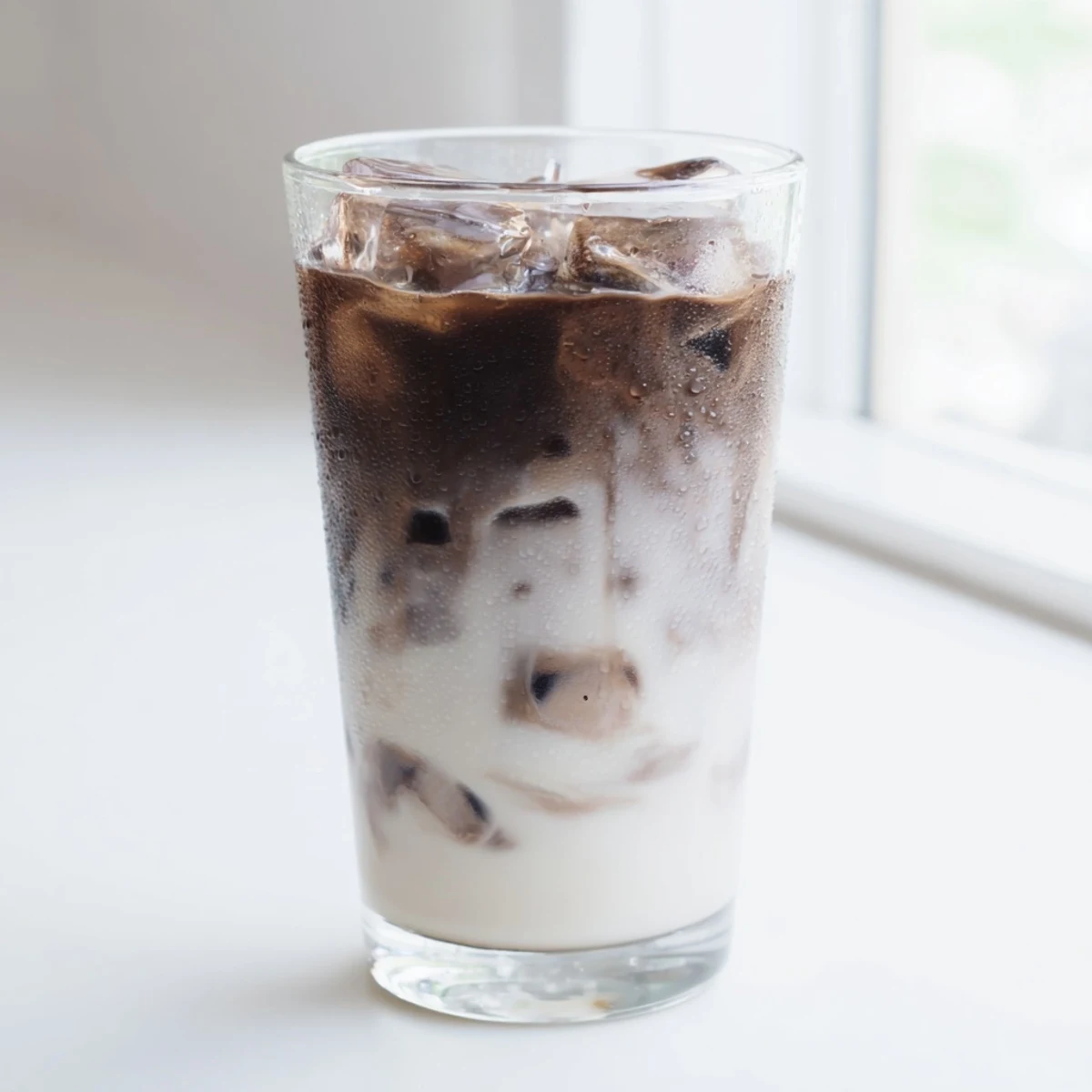 A glass of homemade Milo ice latte, filled with ice cubes and topped with a frothy, chocolatey layer, ready to enjoy on a warm day.