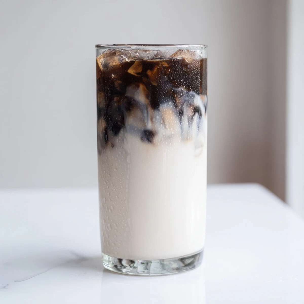 Stirring a spoon through a creamy glass of Milo ice latte, revealing the rich, malty chocolate blend dissolving into cold milk over ice.