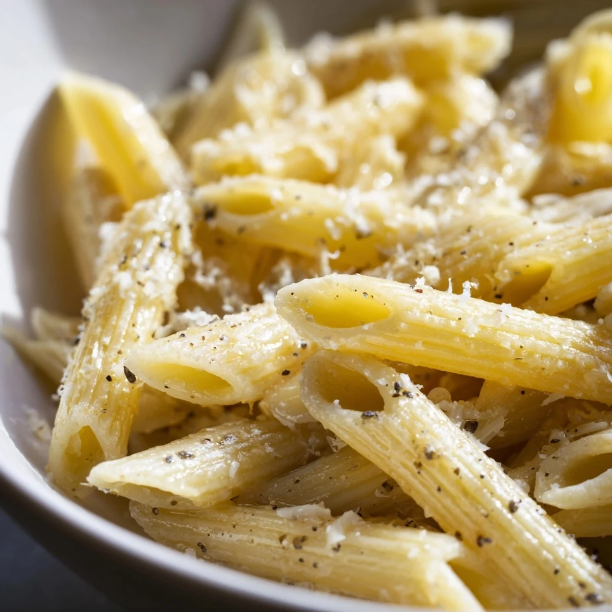 Steam rises from a microwave-safe bowl showing perfectly cooked pasta, olive oil, and a spoon ready to serve.