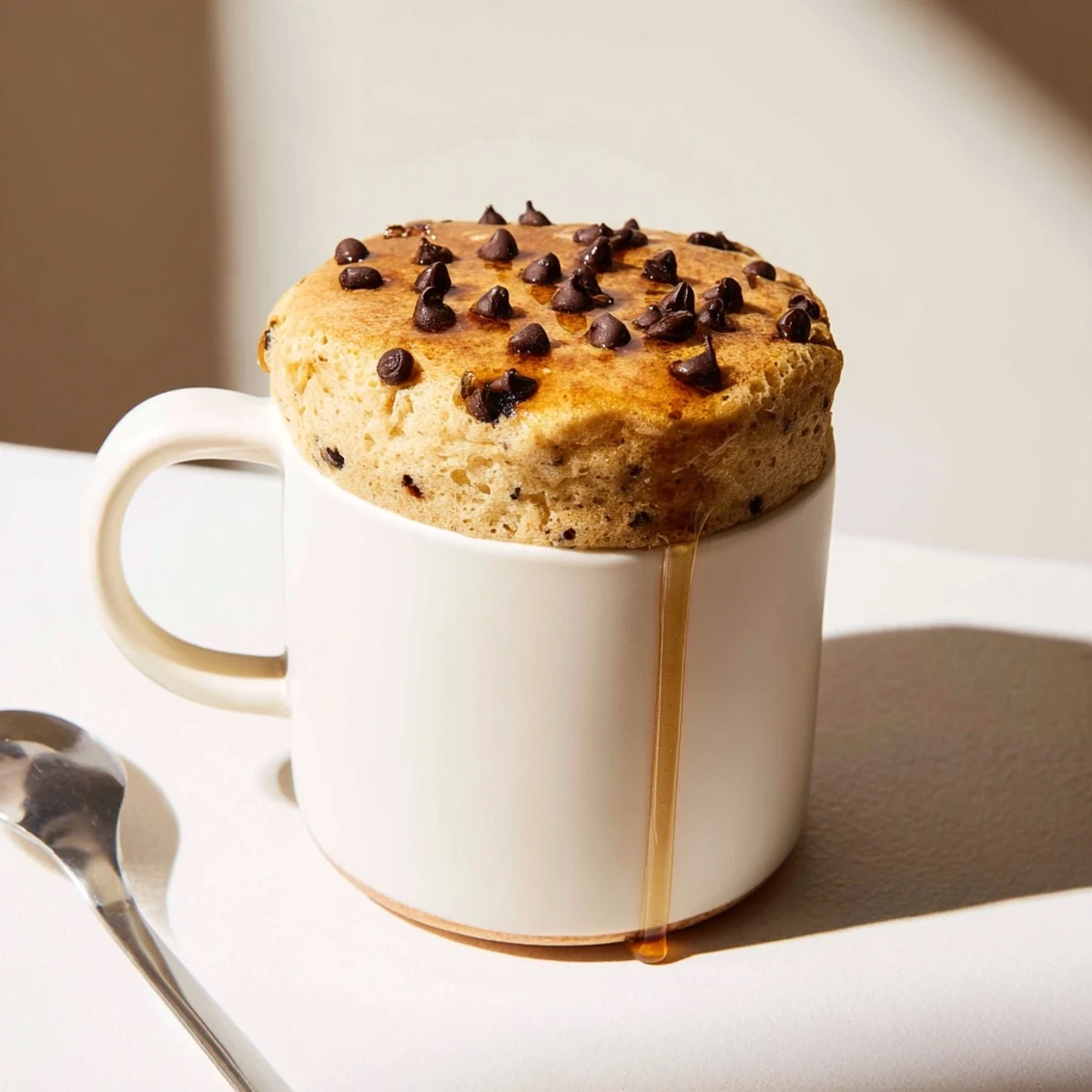 Golden Microwave Mug Pancakes rise high in a greased mug, steaming after a quick 90-second cook, perfect for a solo breakfast treat.  