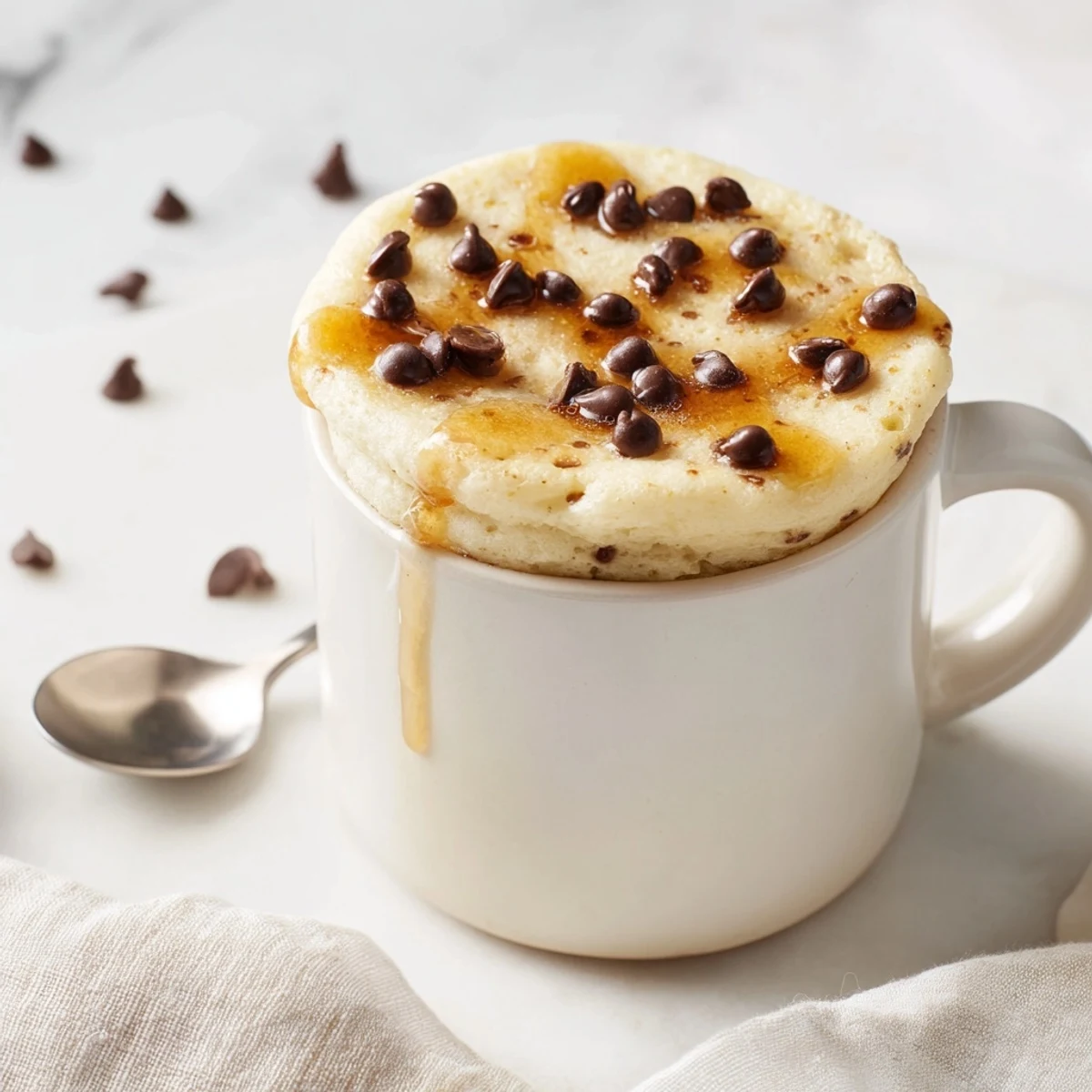Single Microwave Mug Pancakes with syrup and fresh blueberries sit beside a spoon, offering a quick and cozy morning meal.  