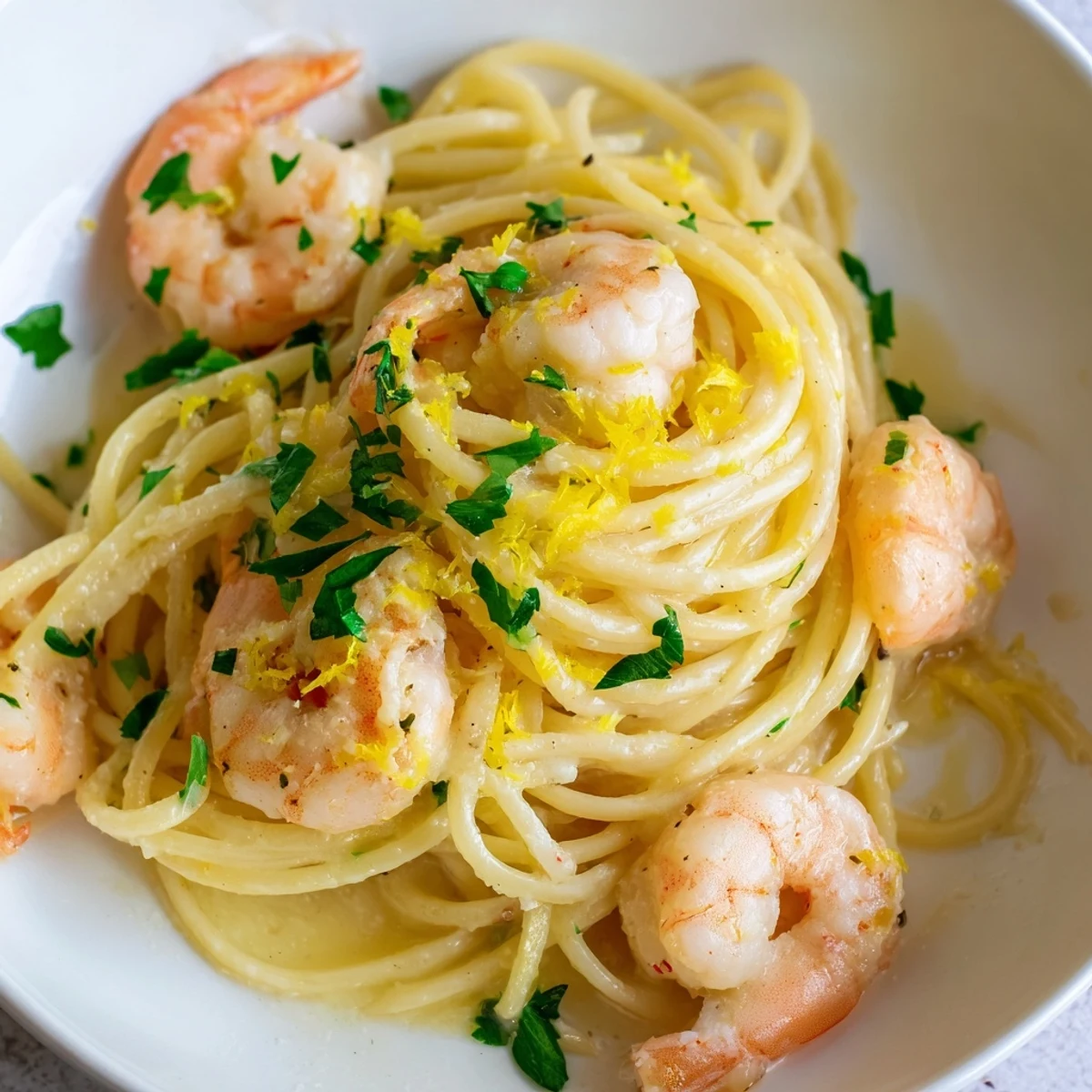 A plate of vibrant Lemon Garlic Shrimp Pasta features juicy shrimp nestled in spaghetti coated with a glistening lemon garlic butter sauce, garnished with fresh parsley.  