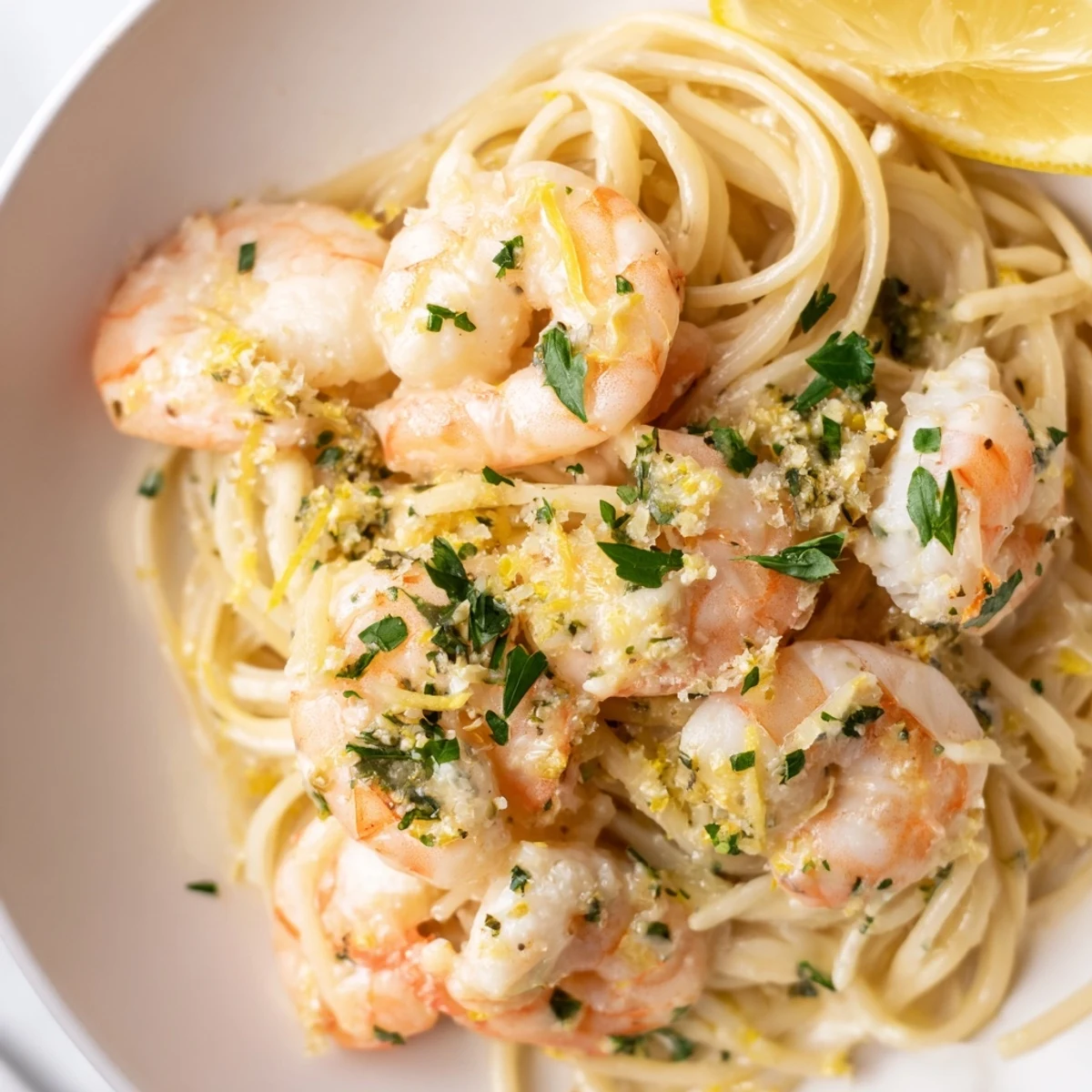 In this top-down view, Lemon Garlic Shrimp Pasta is served with lemon wedges and parsley, ready to be twirled onto a fork for a bright bite.