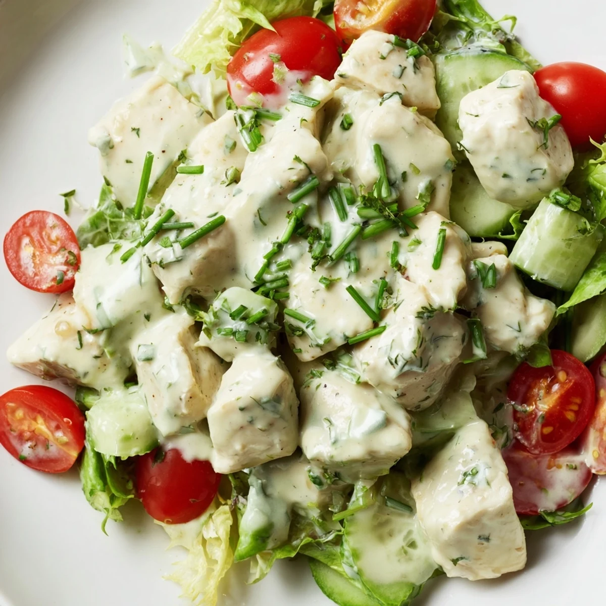 Hearty, chilled Avocado Ranch Chicken Salad served on mixed greens with juicy tomatoes and cucumber, finished with a creamy, herb-packed dressing.