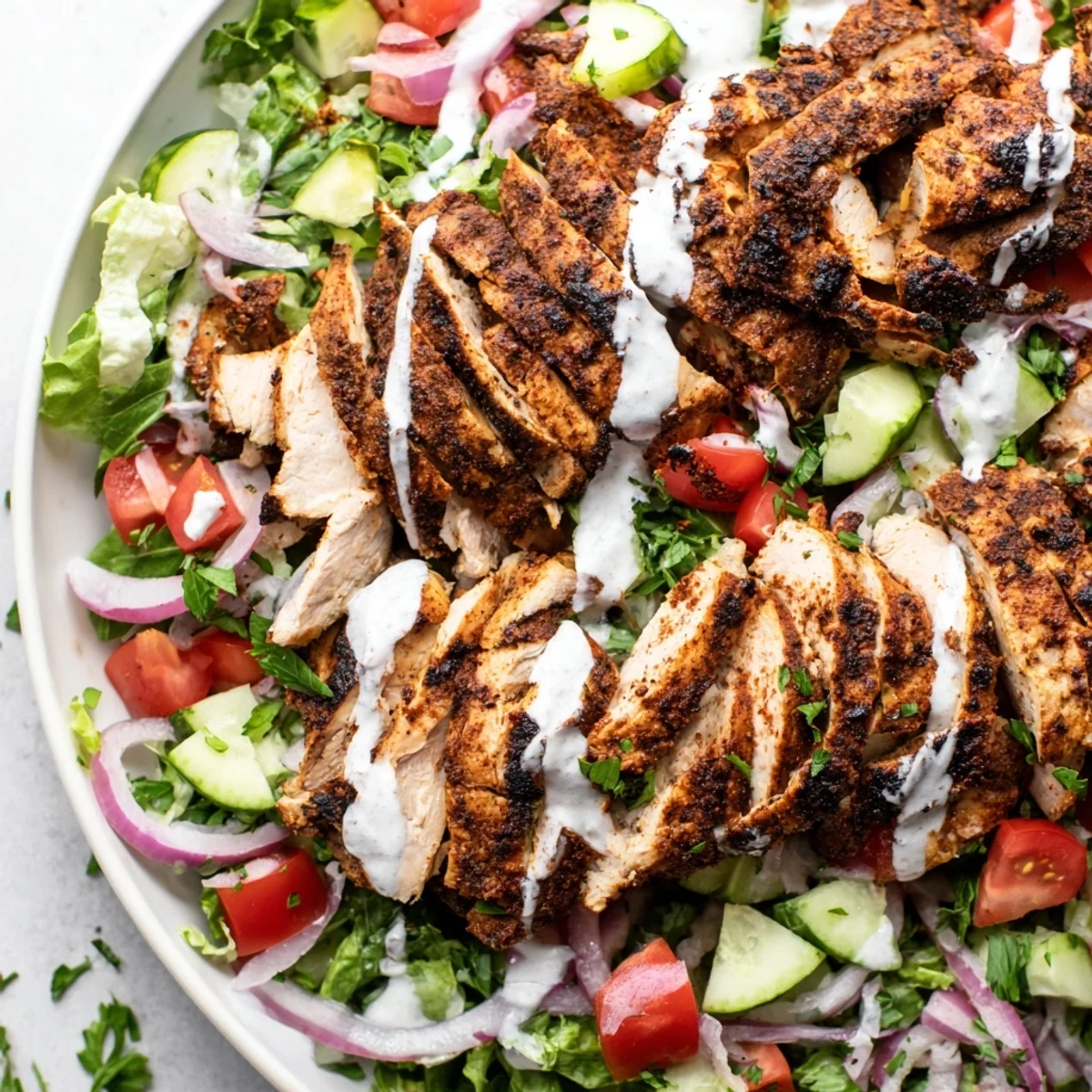 Grilled Chicken Shawarma Salad topped with juicy sliced chicken, diced cucumbers, tomatoes, and a creamy white yogurt dressing.
