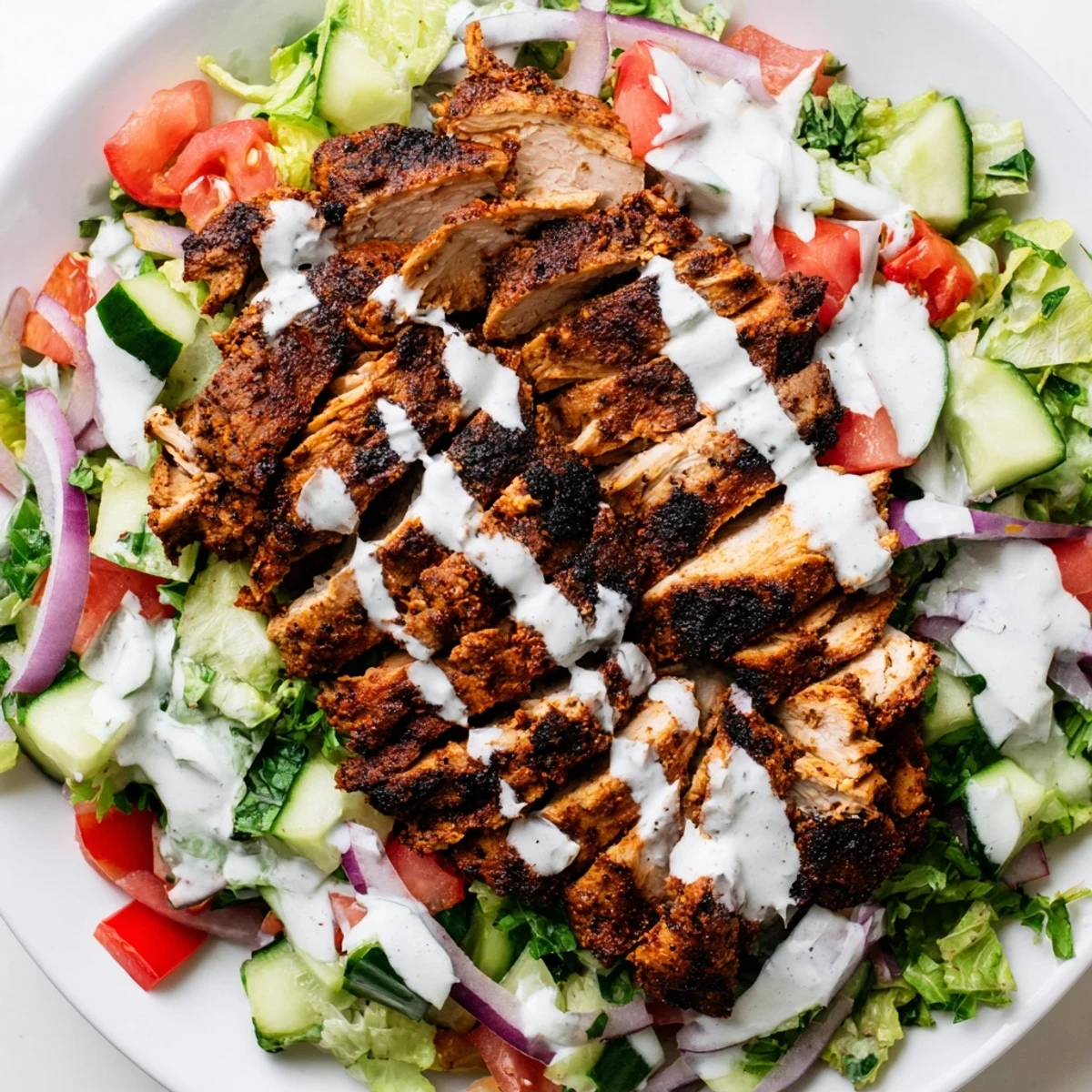 A vibrant bowl of Chicken Shawarma Salad with spiced chicken, crisp vegetables, and fresh parsley, ready for a gluten-free lunch.