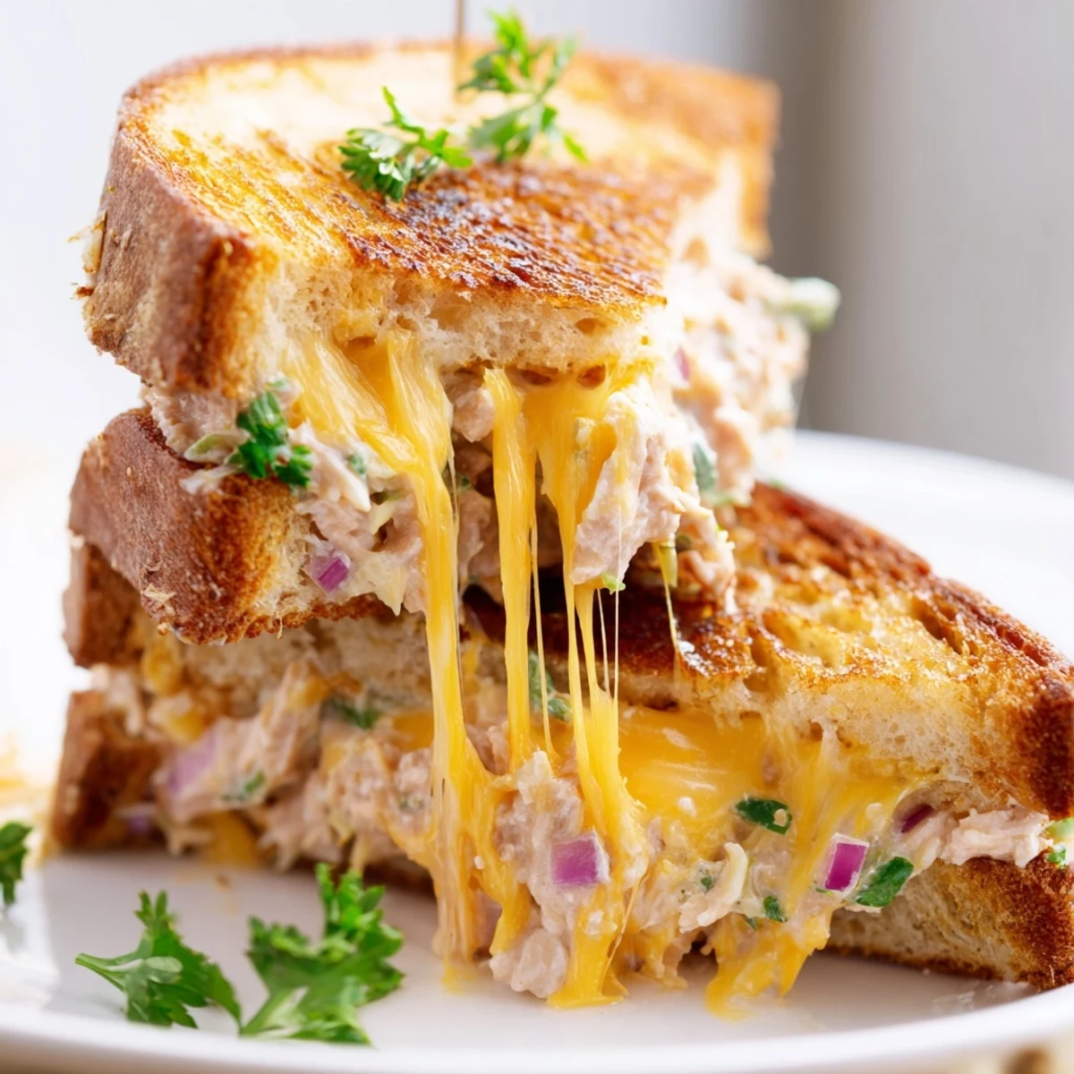 Golden toasted sourdough bread layers hold zesty spicy tuna salad with melted cheddar and fresh tomato slices on a white plate.  