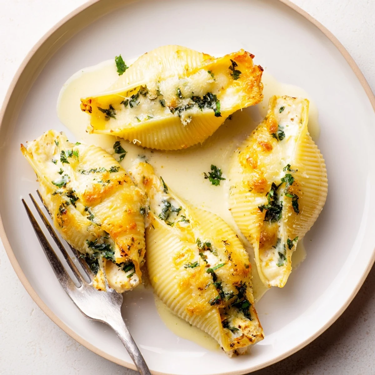 Golden-brown baked Chicken Alfredo Stuffed Shells emerge from the oven, filled with creamy cheese and tender chicken, served bubbling hot on a rustic table.