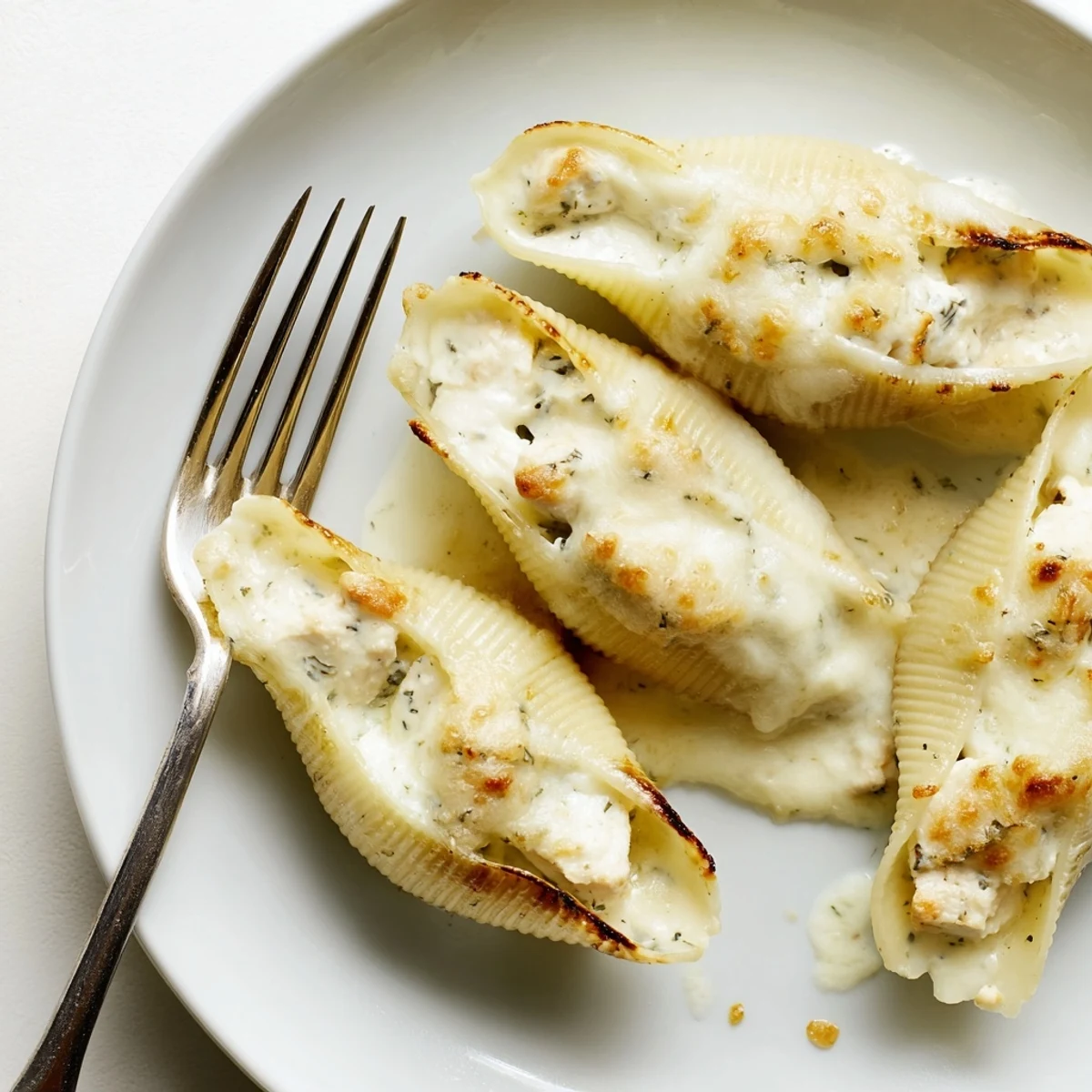 Freshly baked Chicken Alfredo Stuffed Shells in a ceramic dish, featuring golden cheese topping and a garnish of chopped parsley, ready to serve.