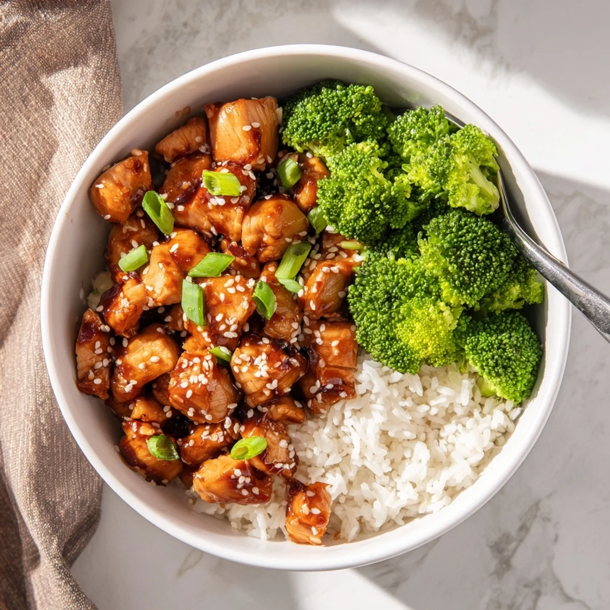 The finished Sweet Chili Chicken Bowl showcases tender glazed chicken, fluffy white rice, and bright green steamed broccoli, garnished with fresh scallions.