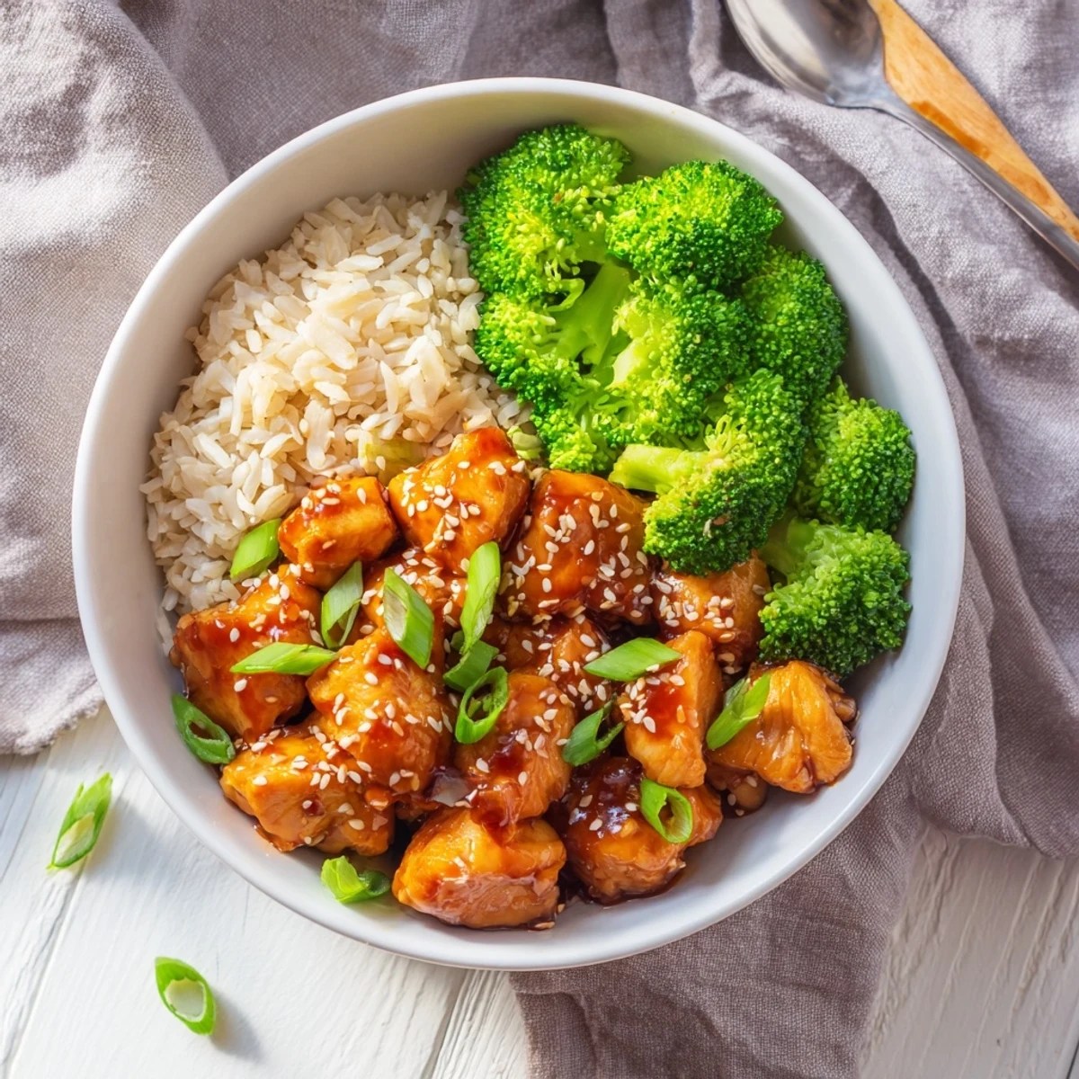 A top-down view of a vibrant Sweet Chili Chicken Bowl with saucy chicken, steamed broccoli, and a sprinkle of sesame seeds on fluffy rice.
