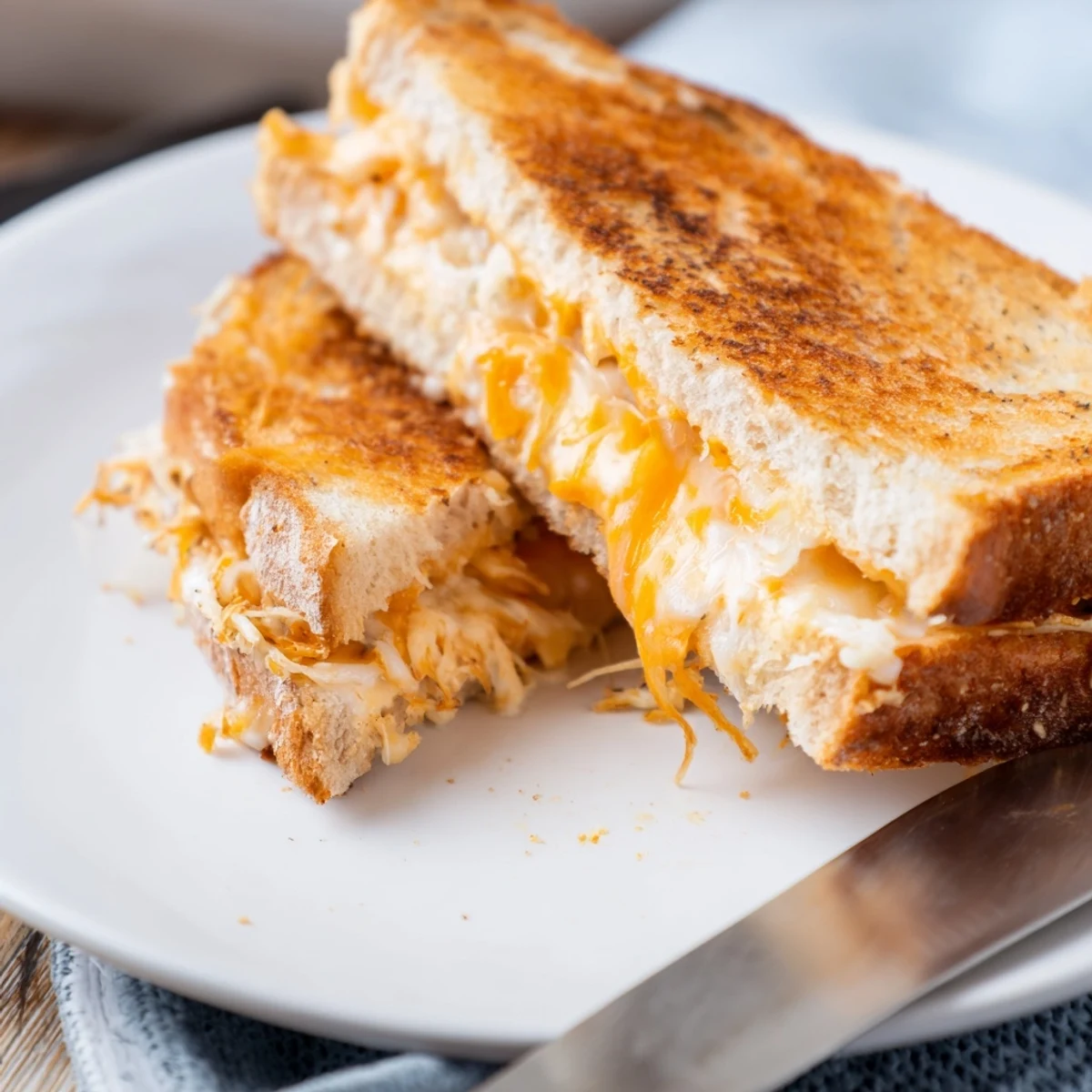Golden, gooey Three-Cheese Grilled Cheese sandwiches, melted mozzarella, cheddar, and provolone inside crispy, buttery sourdough slices.  