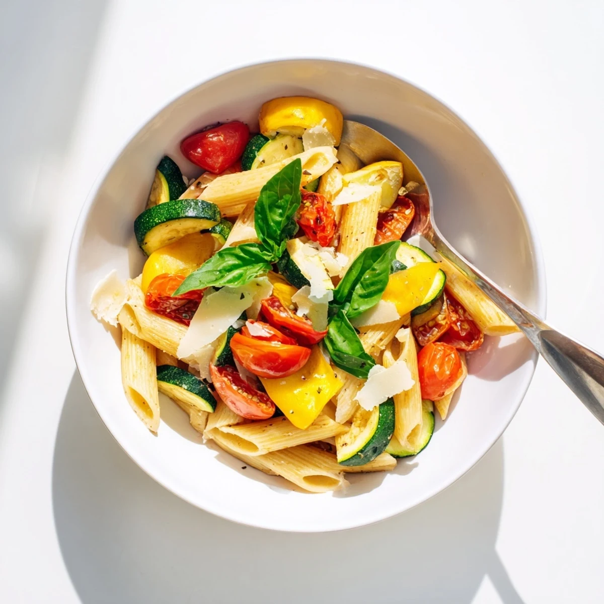 A close-up of Garden Veggie Pasta in a white bowl, showcasing penne coated in a light olive oil sauce with tender zucchini, yellow squash, and blistered cherry tomatoes, garnished with fresh basil.  