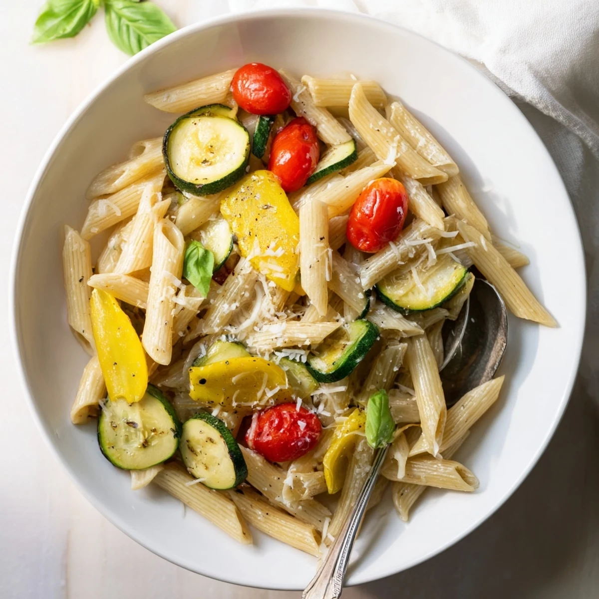 Heaping platter of Garden Veggie Pasta tossed with bright slices of zucchini, golden squash, and halved cherry tomatoes, glistening with garlic-infused olive oil and flecks of fresh basil.  