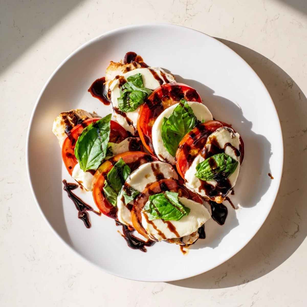 Caprese Chicken Skillet served over zucchini noodles, featuring juicy chicken, creamy mozzarella, and vibrant tomatoes with a sweet, tangy balsamic drizzle.