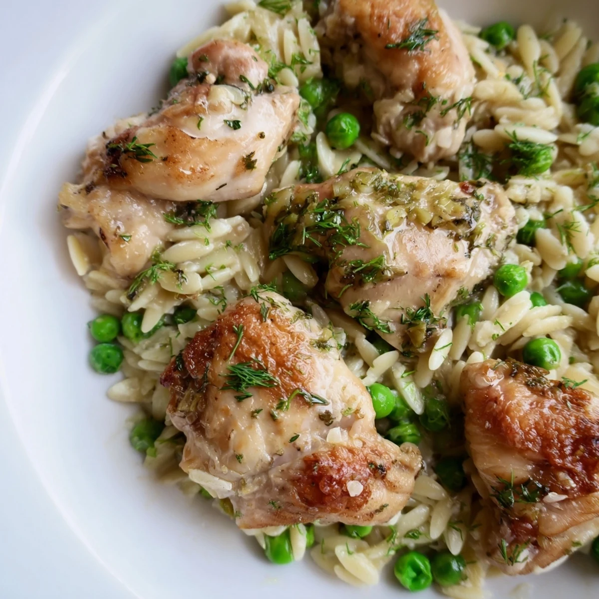Golden-brown chicken pieces and bright green peas nestled in creamy orzo pasta, garnished with fresh parsley and dill in a skillet.