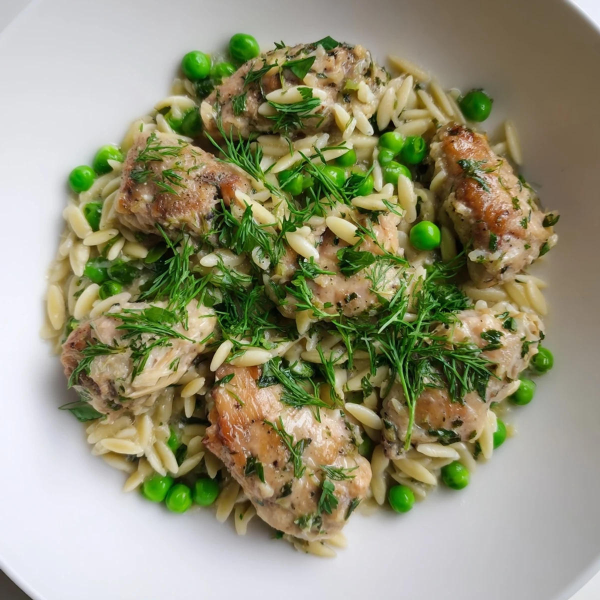 Fresh herbs and vibrant lemon zest top a serving of savory chicken orzo skillet, perfect for a quick and healthy weeknight dinner.