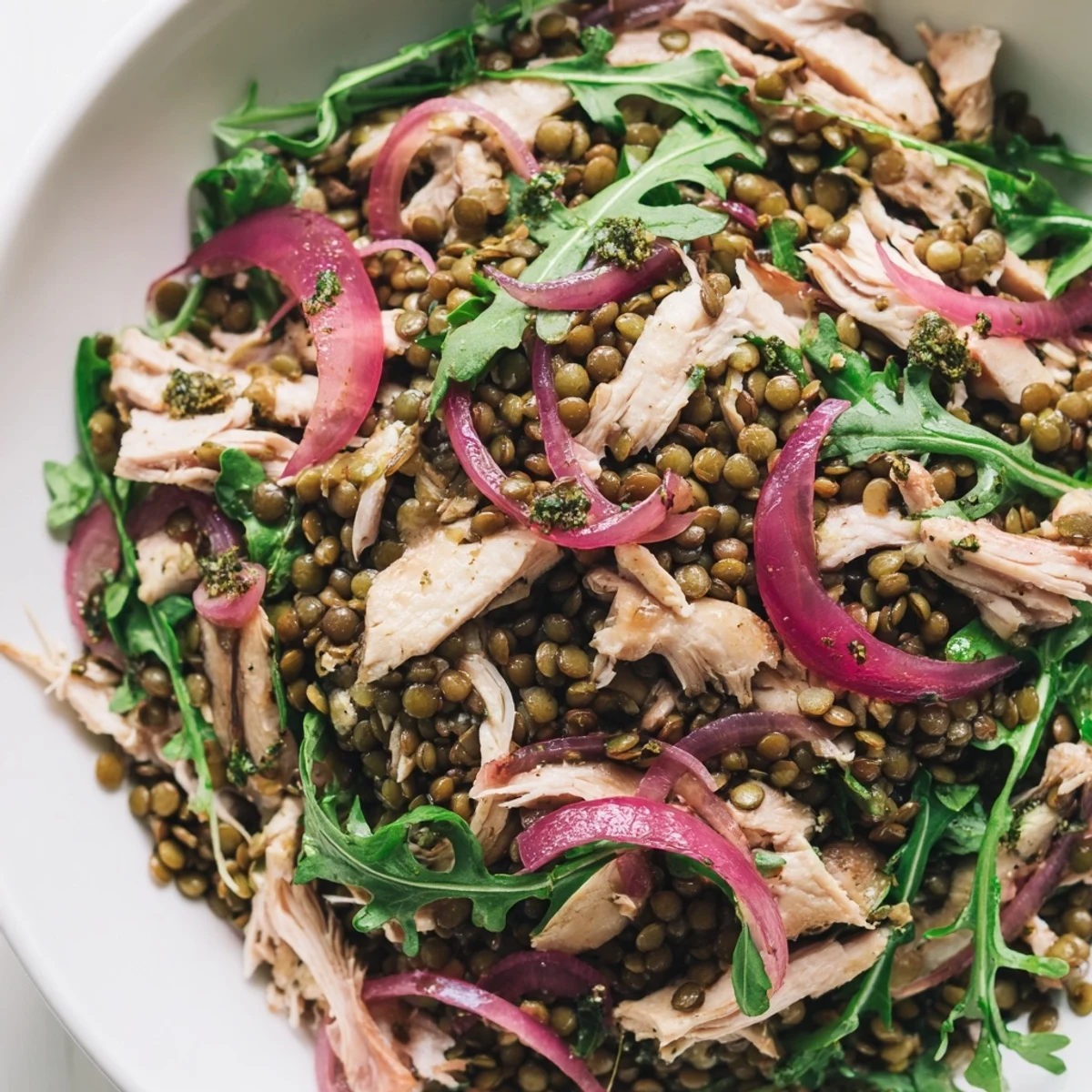 Serving suggestion for the Lentil & Chicken Spring Salad: a light, gluten-free main dish with glistening mustard vinaigrette, perfect for warm-weather meals.