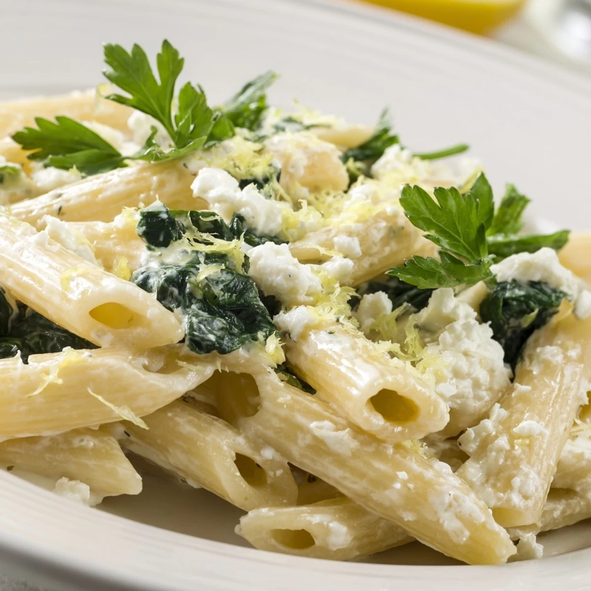 Creamy Feta Spinach Pasta served steaming in a skillet, mixed with crumbled feta and aromatic garlic.