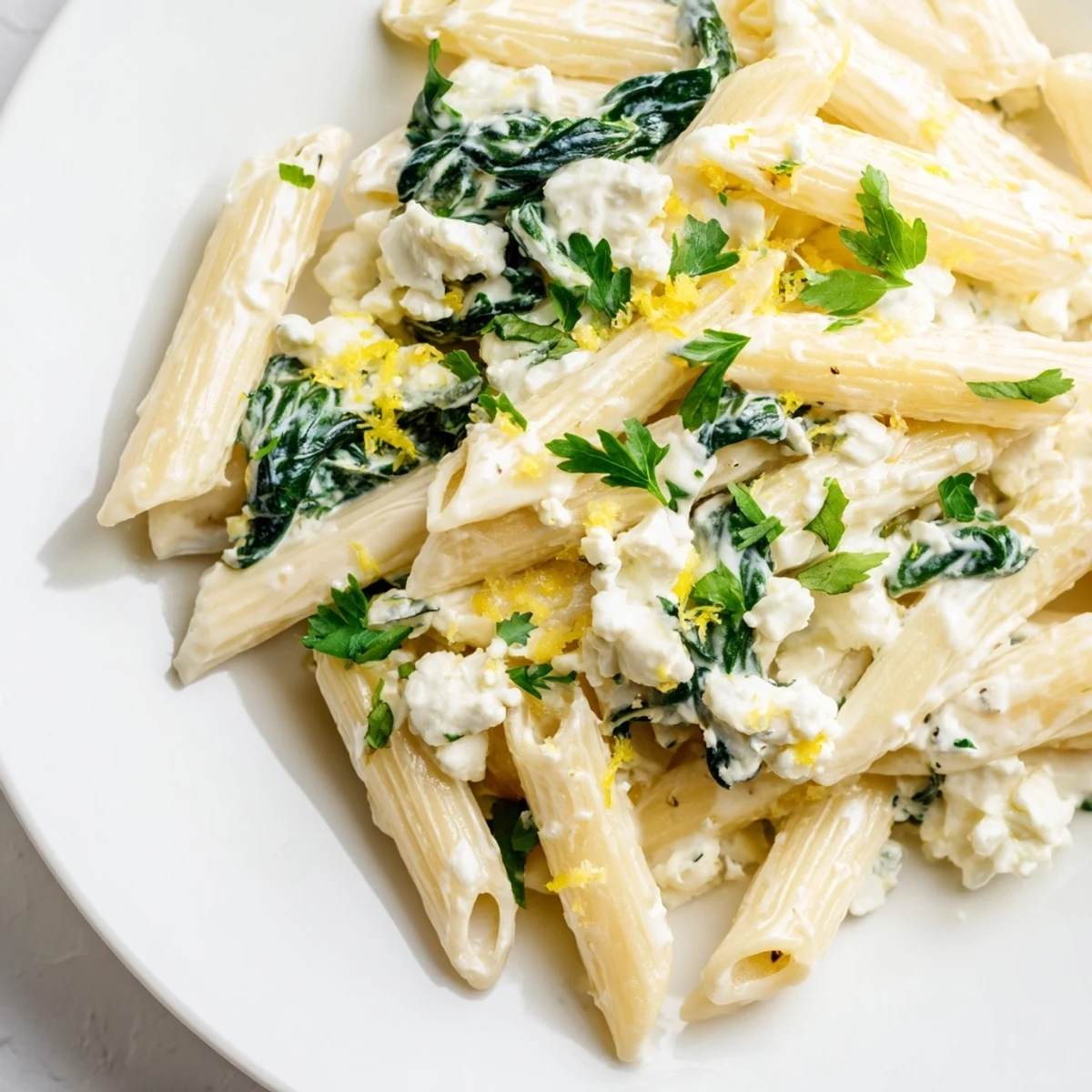 Creamy Feta Spinach Pasta plated for dinner, garnished with lemon zest and fresh parsley beside white wine.