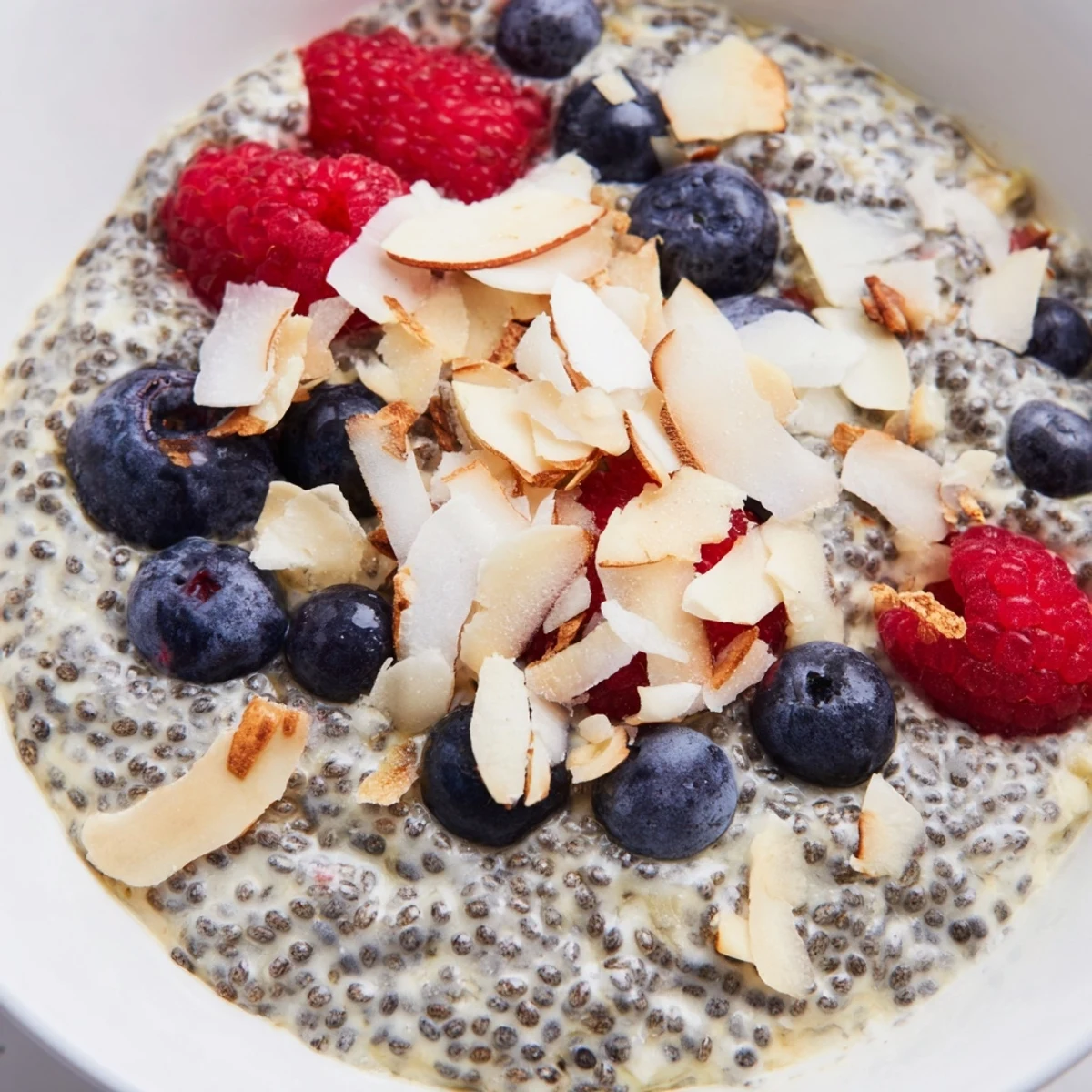 Overnight Poppy Seed Chia Pudding served in a rustic bowl, featuring a creamy texture and a sprinkle of shredded coconut.