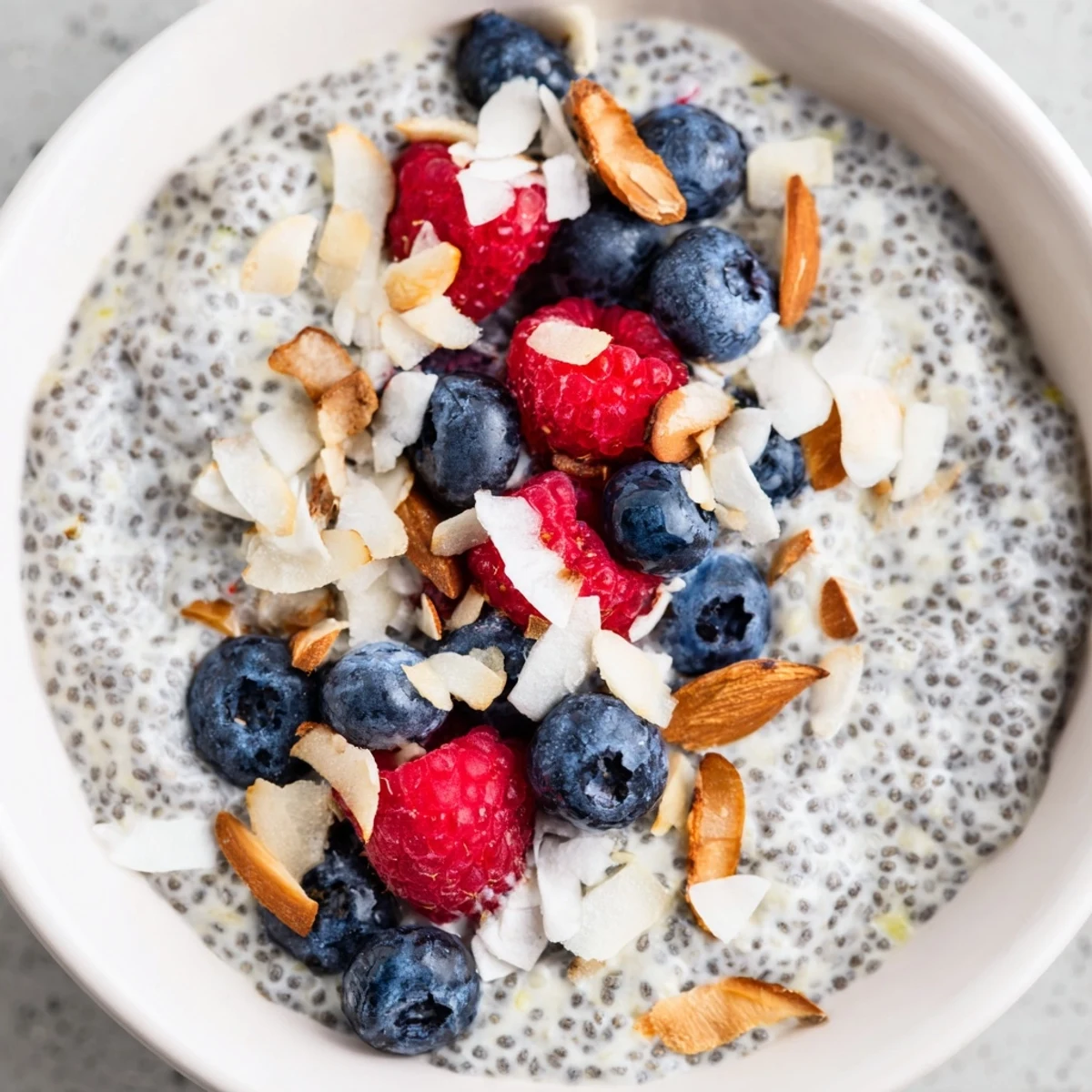 Healthy Poppy Seed Chia Pudding breakfast in a mason jar, garnished with vibrant berries and sliced almonds for a crunchy topping.