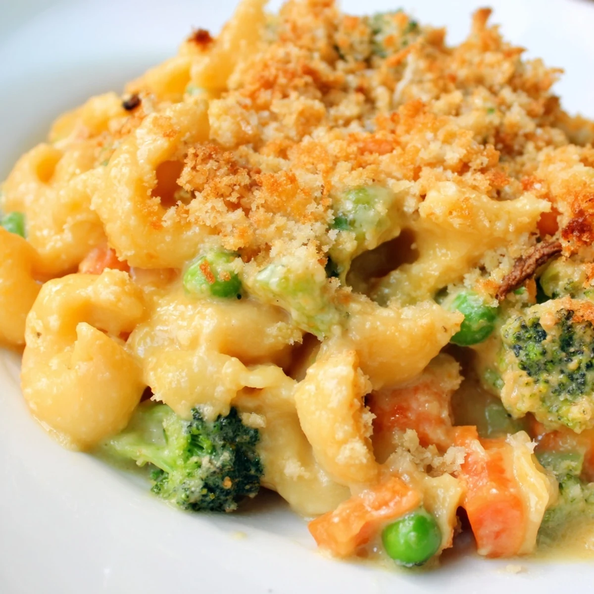 Steamy Garden Veg Mac and Cheese with peas, broccoli, and carrots on a white plate, topped with crispy panko breadcrumbs.