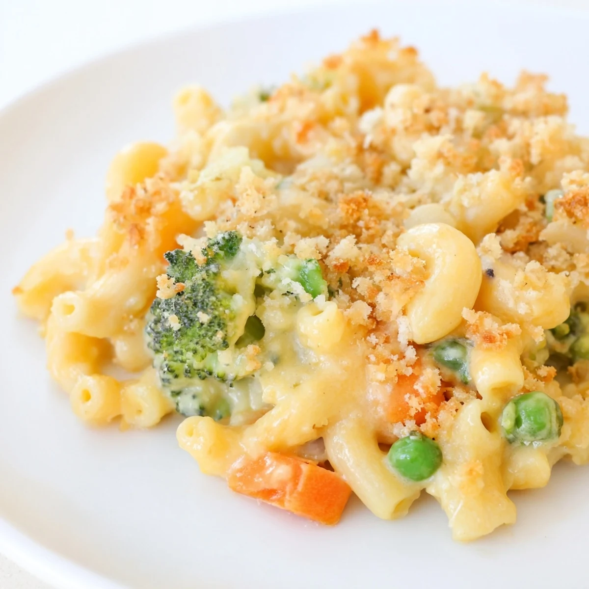 Freshly baked Garden Veg Mac and Cheese in a casserole dish, golden and bubbling, ready to serve to the family.