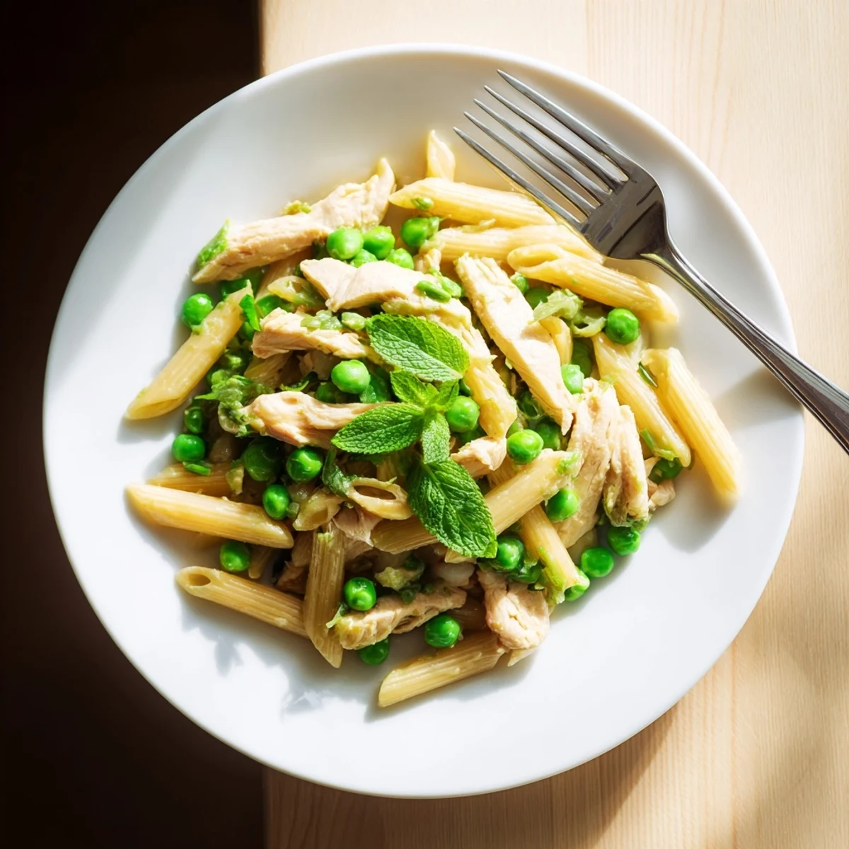 Pasta and chicken tossed with sweet peas and chopped mint in a zesty lemon butter sauce, ready to serve.